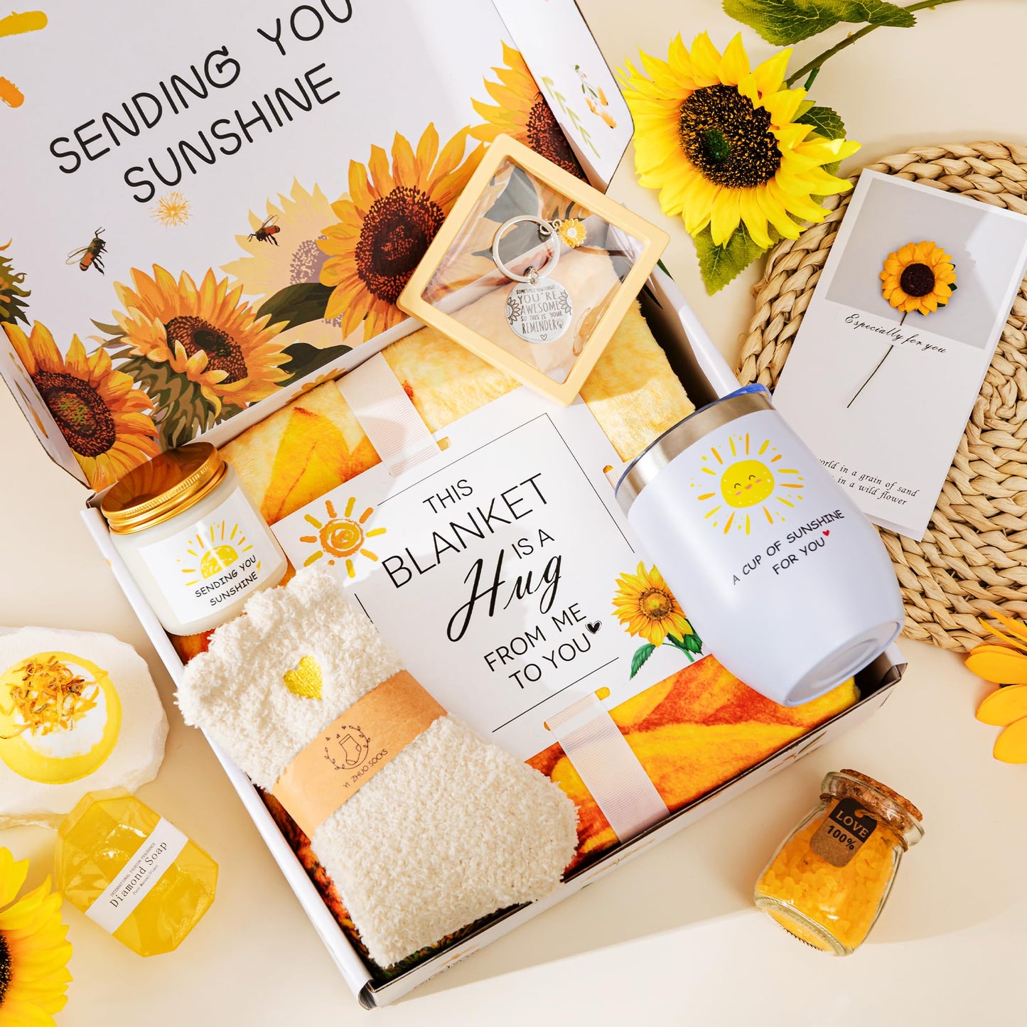 Sunflower Gifts Basket for Women,Sending Sunshine Relaxation Birthday Box,Unique Thank You Self Care Package Get Well Inspirational Spa Gift Basket W/Blanket for Mom Grandma Wife Friends Sister