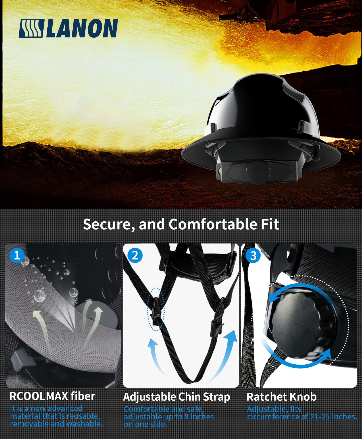 LANON Full Brim Hard Hat, OSHA Construction Work Approved, HDPE Safety Helmet with 4 Point Adjustable Ratchet Suspension, ANSI Z89.1 Class C,Glossy Black