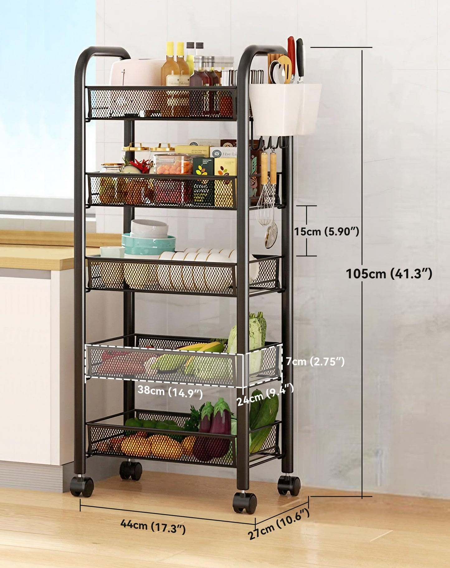 5-Tier Rolling Kitchen Trolley with Wheels - Sturdy Metal Storage Cart for Kitchen, Bathroom, Home Office, Space-Saving Organiser, Slim Mobile Rack for Fruits, Vegetables, Spices (Black, 44x27x105cm)