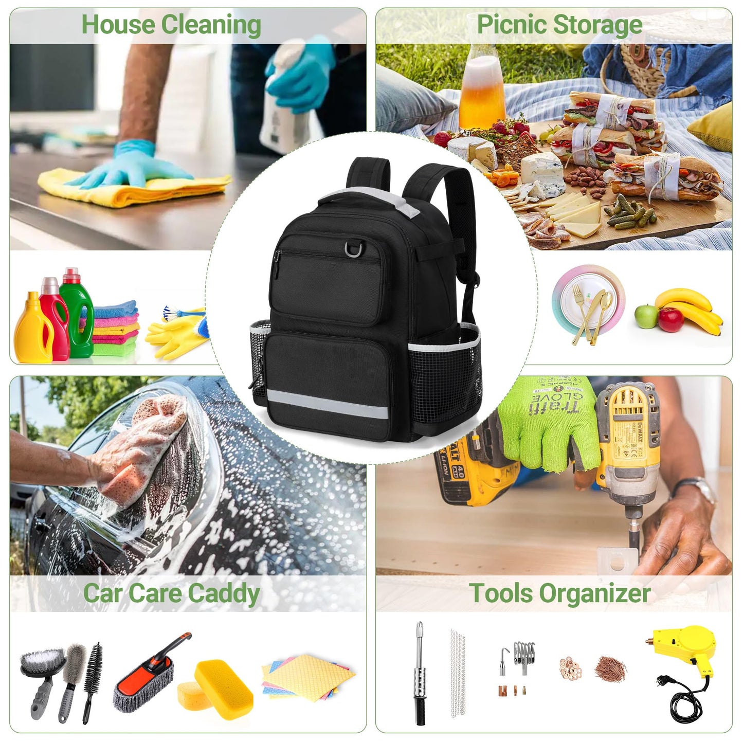 HODRANT Cleaning Backpack with Bottom Plate & Waterproof Bottom, Large Cleaning Supplies Bag with Multiple Pockets for Housekeeping Tools, Cleaning Products Caddy Organizer for Home & Car, Bag Only