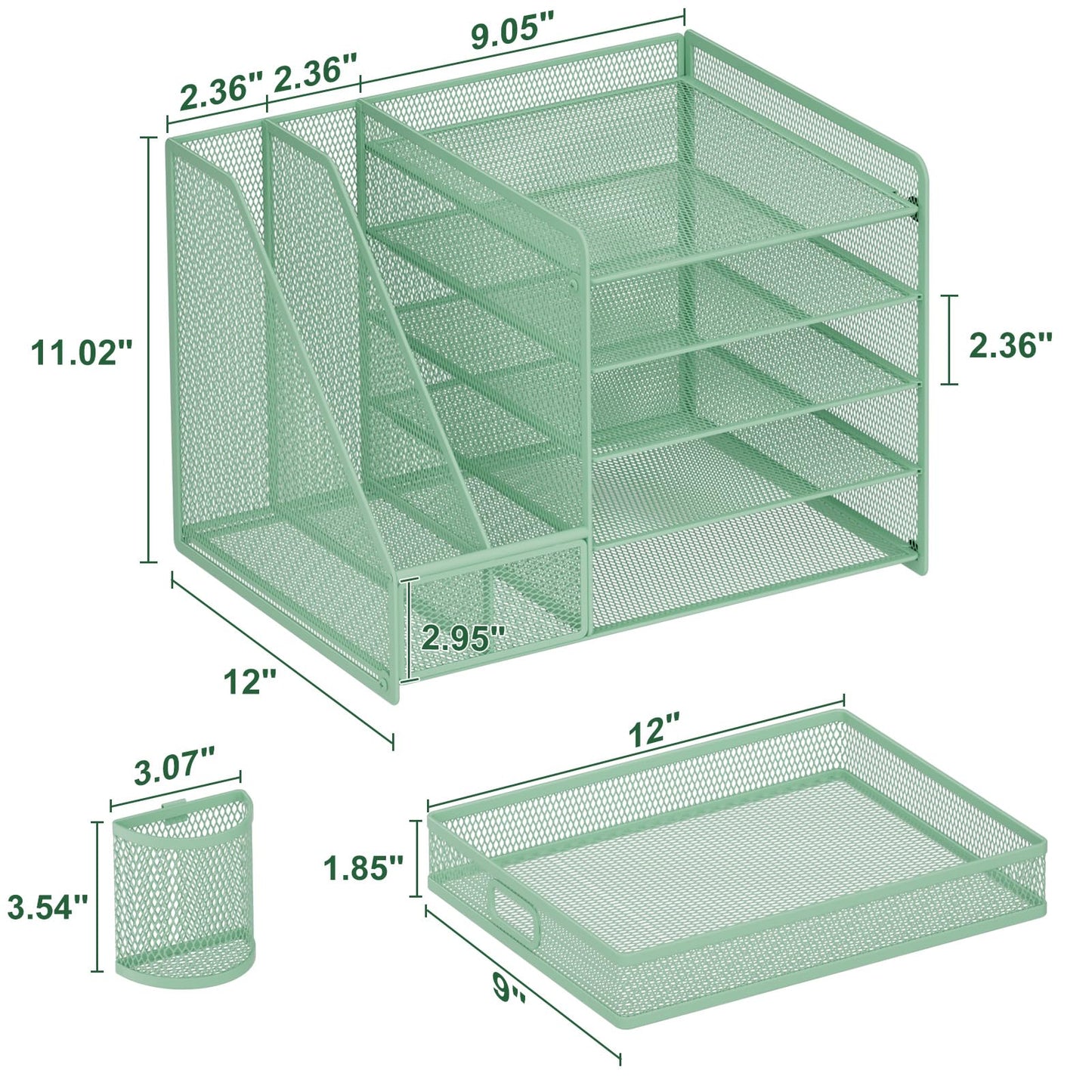 Marbrasse Desk Organizer with File Holder, 5 Tier Paper Letter Tray with Drawer and 2 Pen Holders, Document Organizer with Magazine Holder for School, Home, Office Supplies (Green)