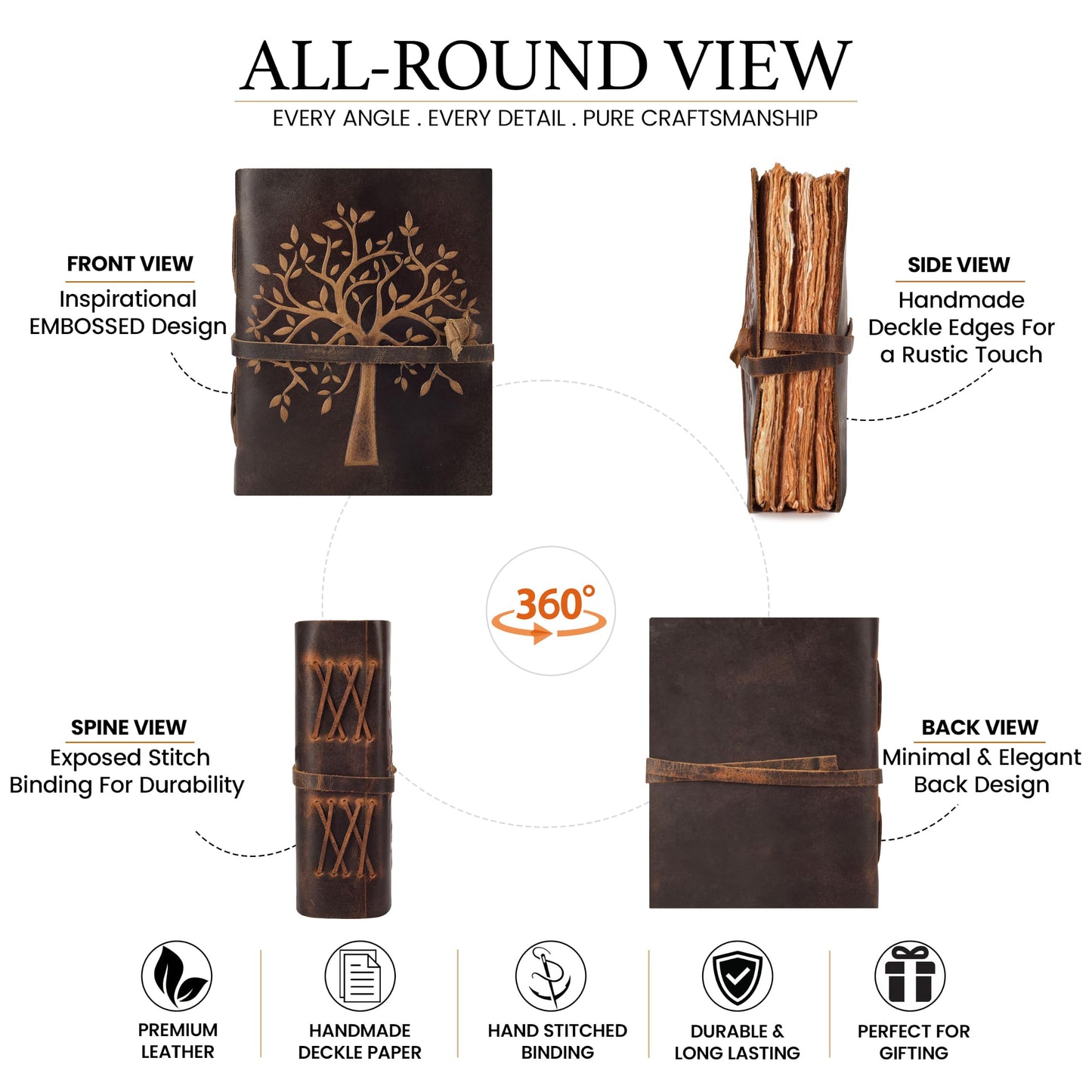 LEATHER VILLAGE Tree of Life Journal - 8 X 6 inches - Brown - 200 Antique Deckle Edge Handmade Paper – Book of Shadows - Vintage Leather Bound Journal for Women & Men