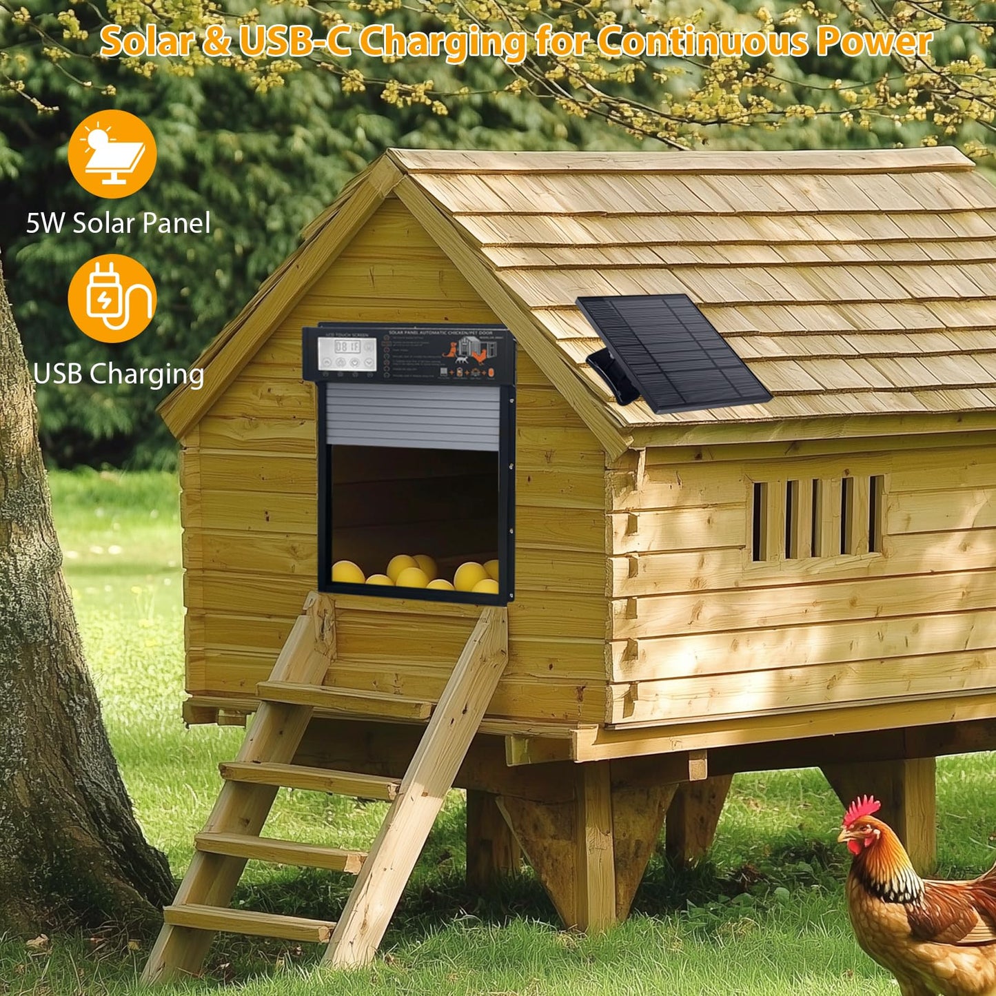 VUEBEE Automatic Chicken Coop Door Solar Powered with Timer & Light Sensor, Motion Sensor, LCD Display & Remote Control, Weatherproof Chicken Door for Chicken, Ducks, Rabbits (13.4"x10" Opening)