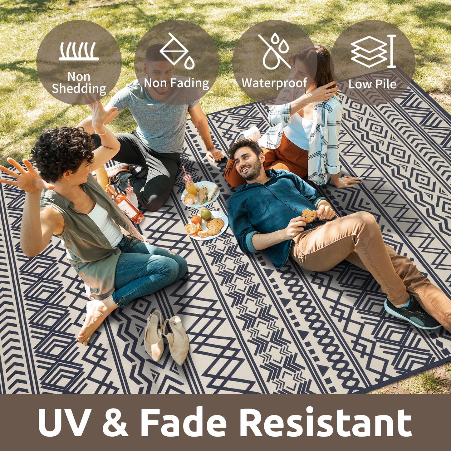 4x6 Outdoor Rug Braided Indoor Outdoor Rugs Carpet Non Slip Outdoor Patio Rug with Rubber Particles Backing, Boho Outdoor Area Rug for Patio Deck Front Porch Balcony Backyard Living Room, Navy