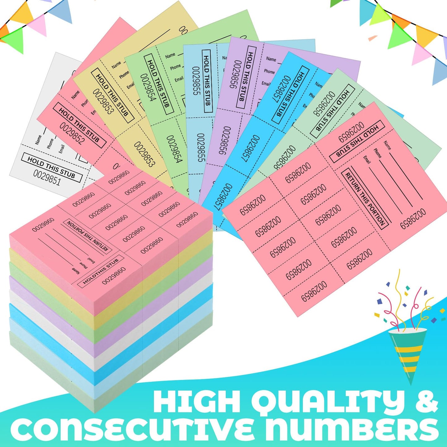 Kosiz 600 Sheet Raffle Ticket Sheet with 10 Bid Numbers Chinese Auction Ticket Unduplicated Basket for Silent Auction Classroom Church Fundraiser Event, 3.3 x 4.5 Inch(Multicolor)