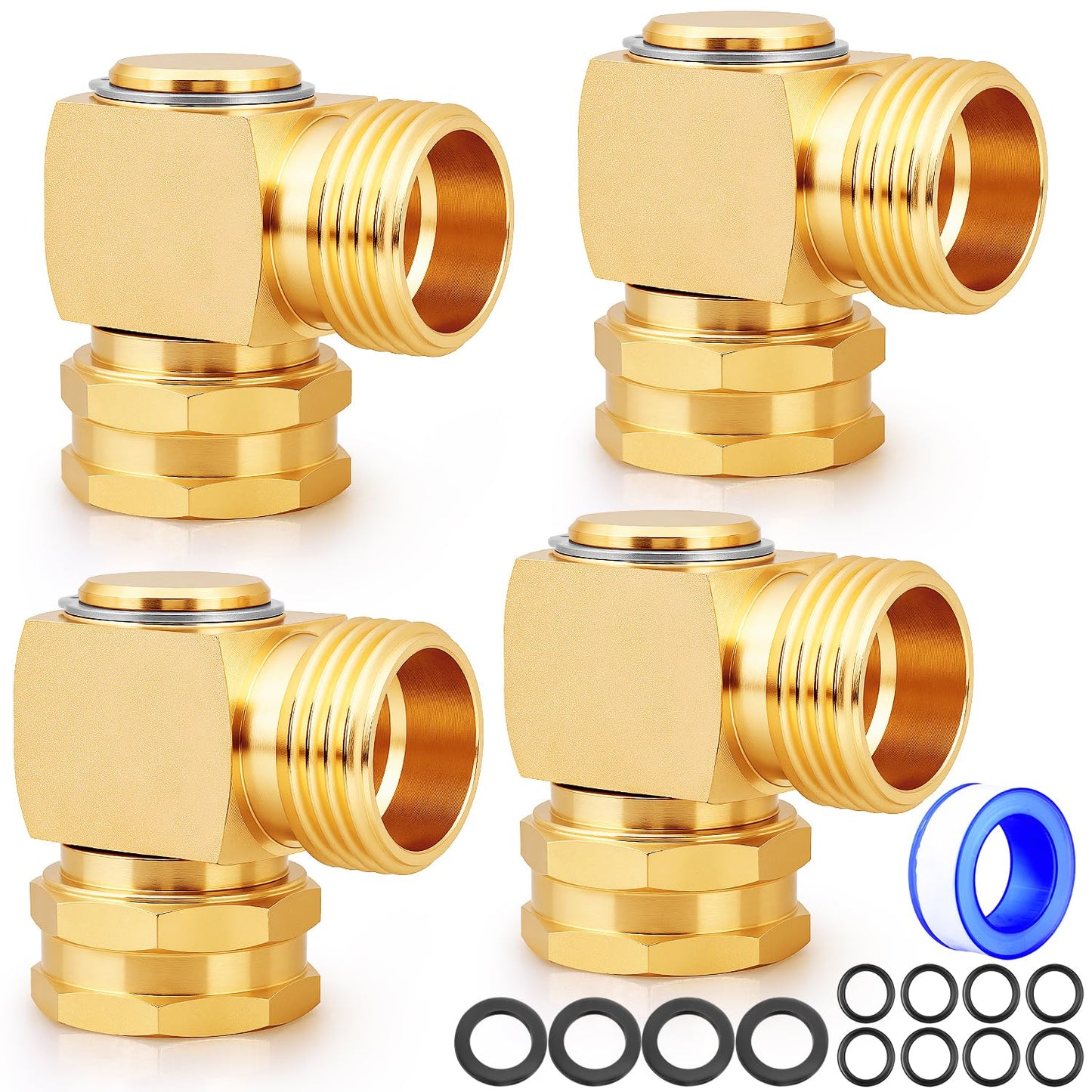 UNWAVER Garden Hose Swivel elbow Connector 90 Degree Solid Brass Pipe Fittings Hose Kink Protector 3/4" GHT RV Water Intake Hose Adapter (4PCS)