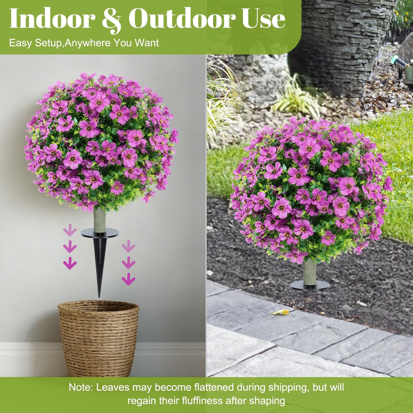 KANEODOT 24''Artificial Flowers for Outdoors,2 Pack Topiary Ball Trees Fake Outdoor Plants with Ground Spike,UV Resistant Faux Shrubs for Garden,Porch,Front,Patio,Violet