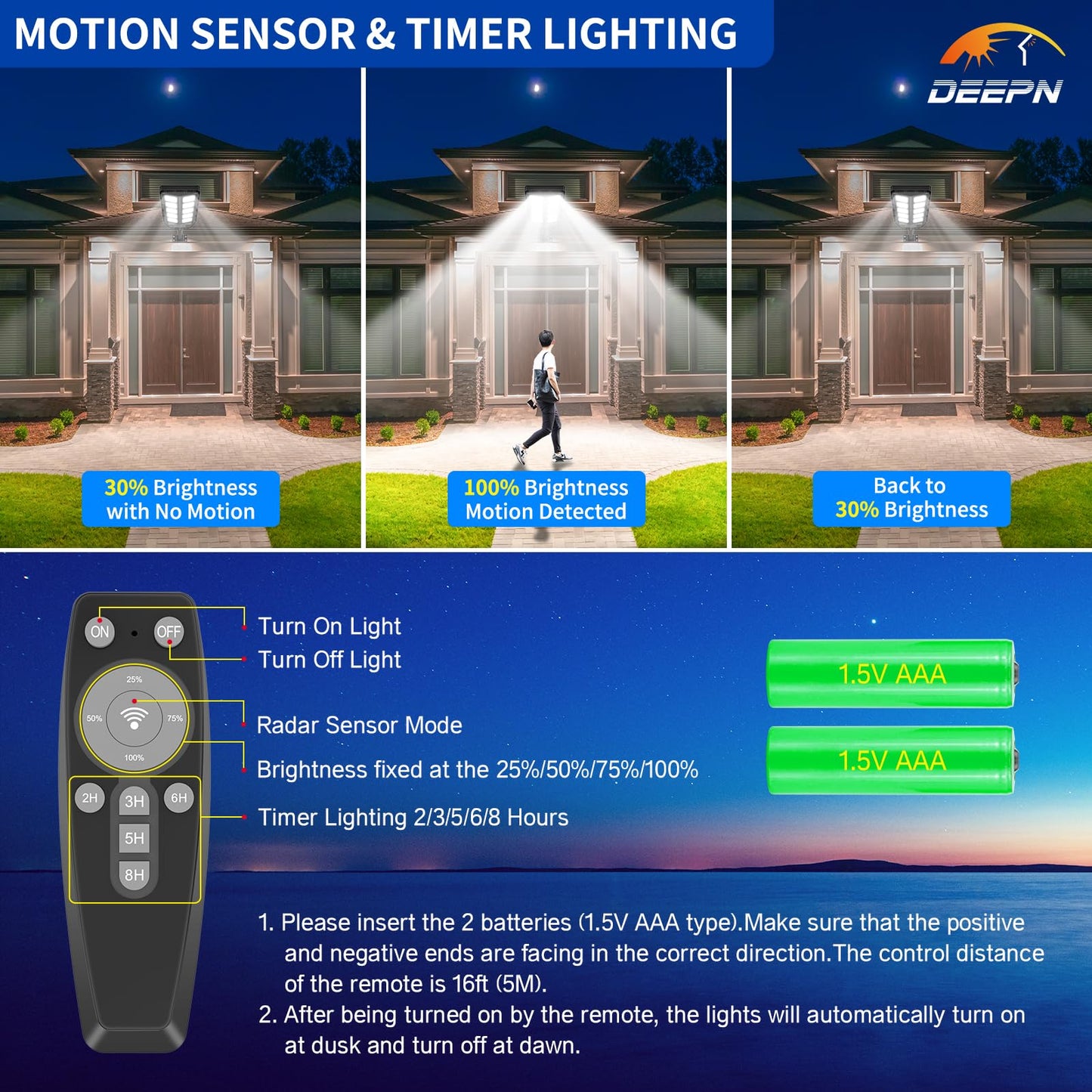 Deepn Solar Lights Outdoor, Waterproof Street Lights Outdoor, 6500K Dusk to Dawn Solar Security Flood Lights Motion Sensor with Remote Control for Yard, Entryway Garage, Porch (1)
