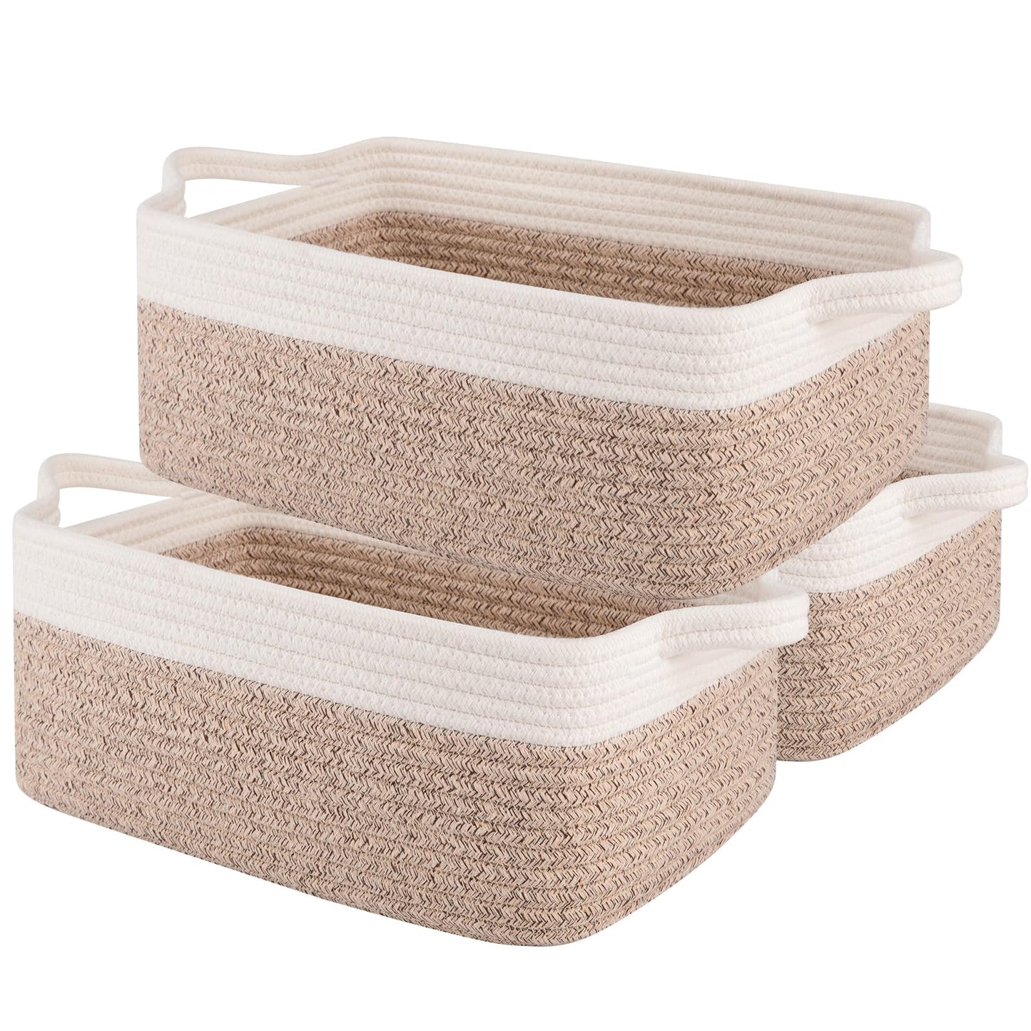 OIAHOMY 3 Pack Storage Baskets for Organizing, Cotton Rope Basket for Shelves, Closet Organizer Bins, Rectangle Small Baskets with Handles, Toy Basket, 13.78''×9.84''×5.5'', Brown & White
