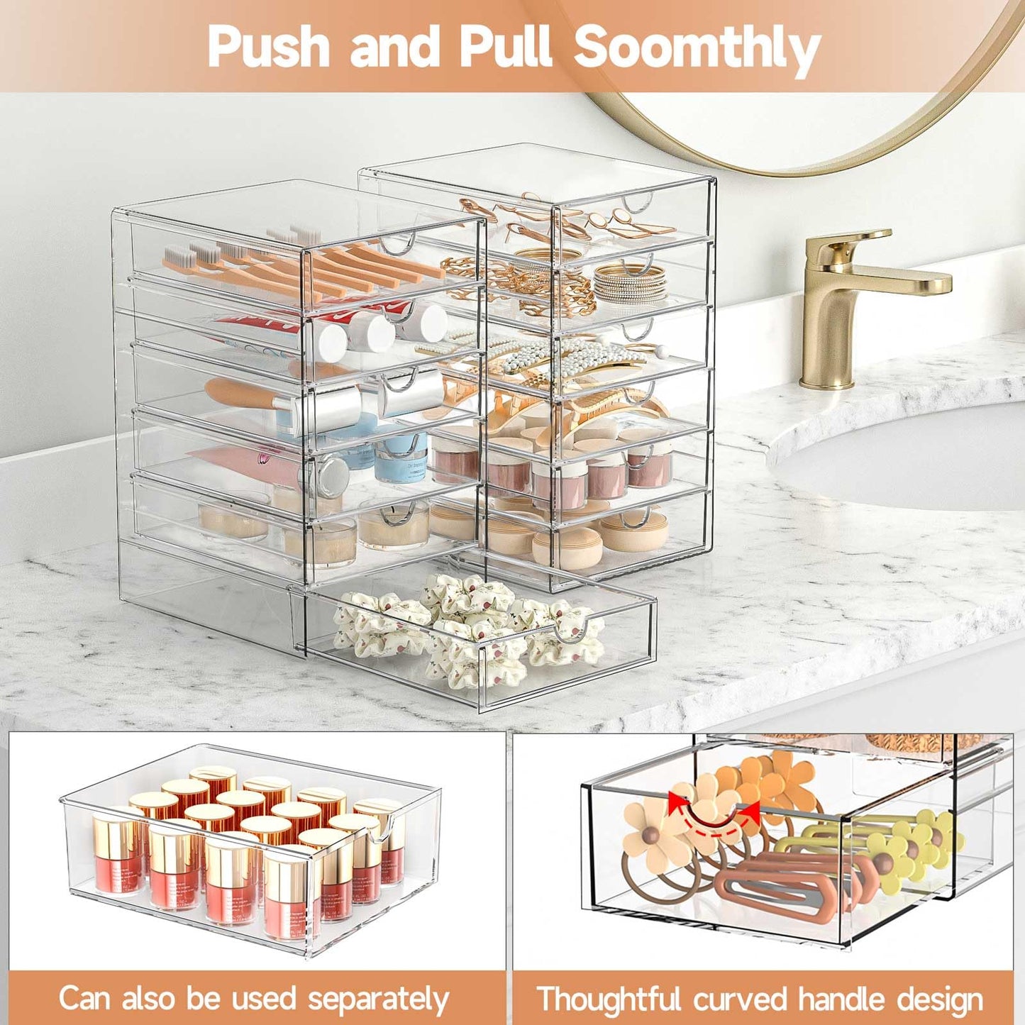 DOMNIU Makeup Drawer Storage Organizer with 24 Drawers, 4 Set Acrylic Office Desk Organization and Storage, Dustproof Transparent Plastic Frame