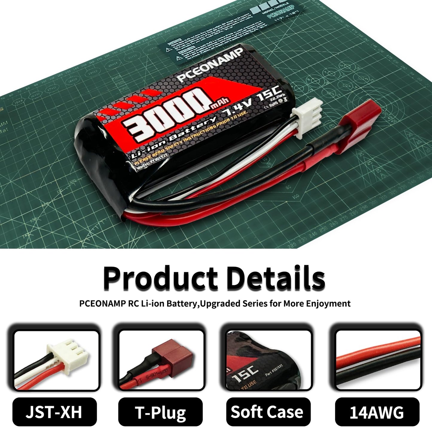 PCEONAMP 7.4V Li-ion Battery 3000mAh 2S with Deans T Plug Rechargeable High Capacity RC Battery Fit for WLtoys 4WD High Speed RC Cars and Most 1/10, 1/12, 1/16 Scale RC Cars Trucks with 2 USB Charger