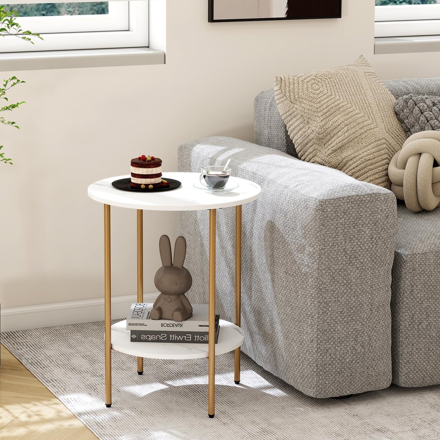 CAMOAT Side Table,Round End Table with 2 Storage Shelves| Compact Side Tables for Living Room, Couch, Office & Bedroom | Narrow Accent Table as Space-Saving Small Bedside Table (Marble White)