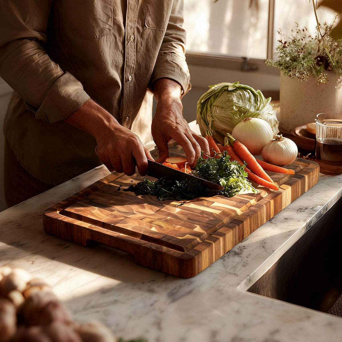 Utoplike Acacia Cutting Board 17" x 12", Wood End Grain Chopping Board with Single-Side Juice Groove and Handles, Reversible Butcher Block for Meat, Vegetables, 1.4" Th