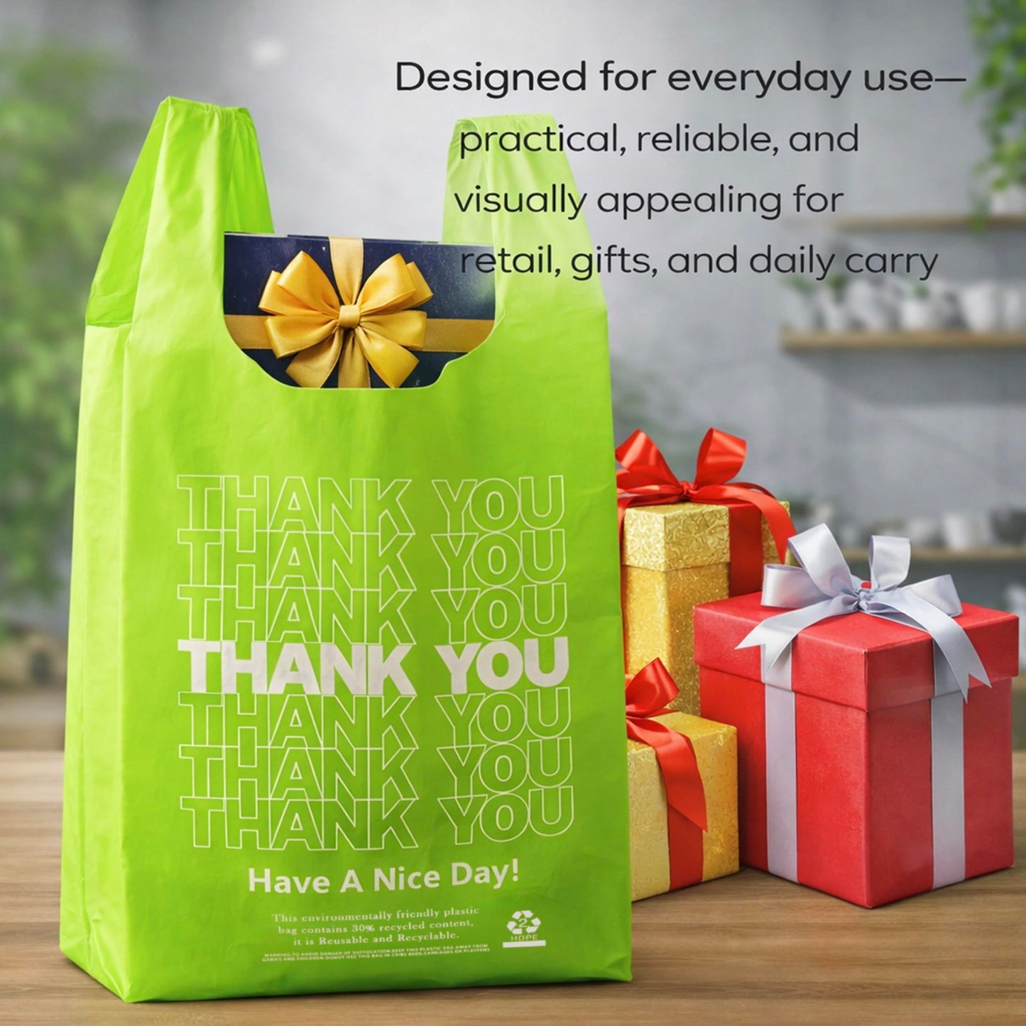 Green Thank you bags, 1000PCS T shirt bags, To Go Bags,Grocery bags, Reusable and Disposable,Perfect for Small Business,Take Out,Retail, Large