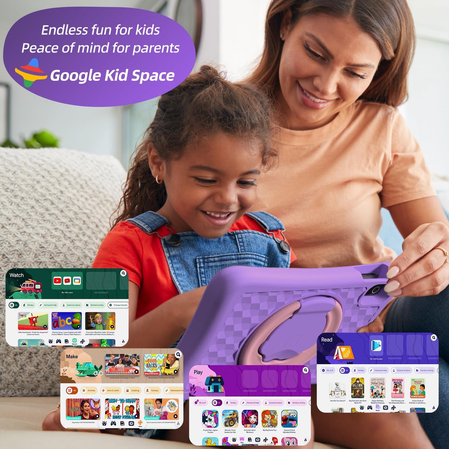 2025 Upgraded Kids Tablet, 10 Inch Android 15 Tablet for Kids with EVA Shockproof, 8-Core, 12(4+8) GB RAM 64GB Storage, Kids Space, Parental Control, WiFi, BT, Plimpton Kids20 (Purple)