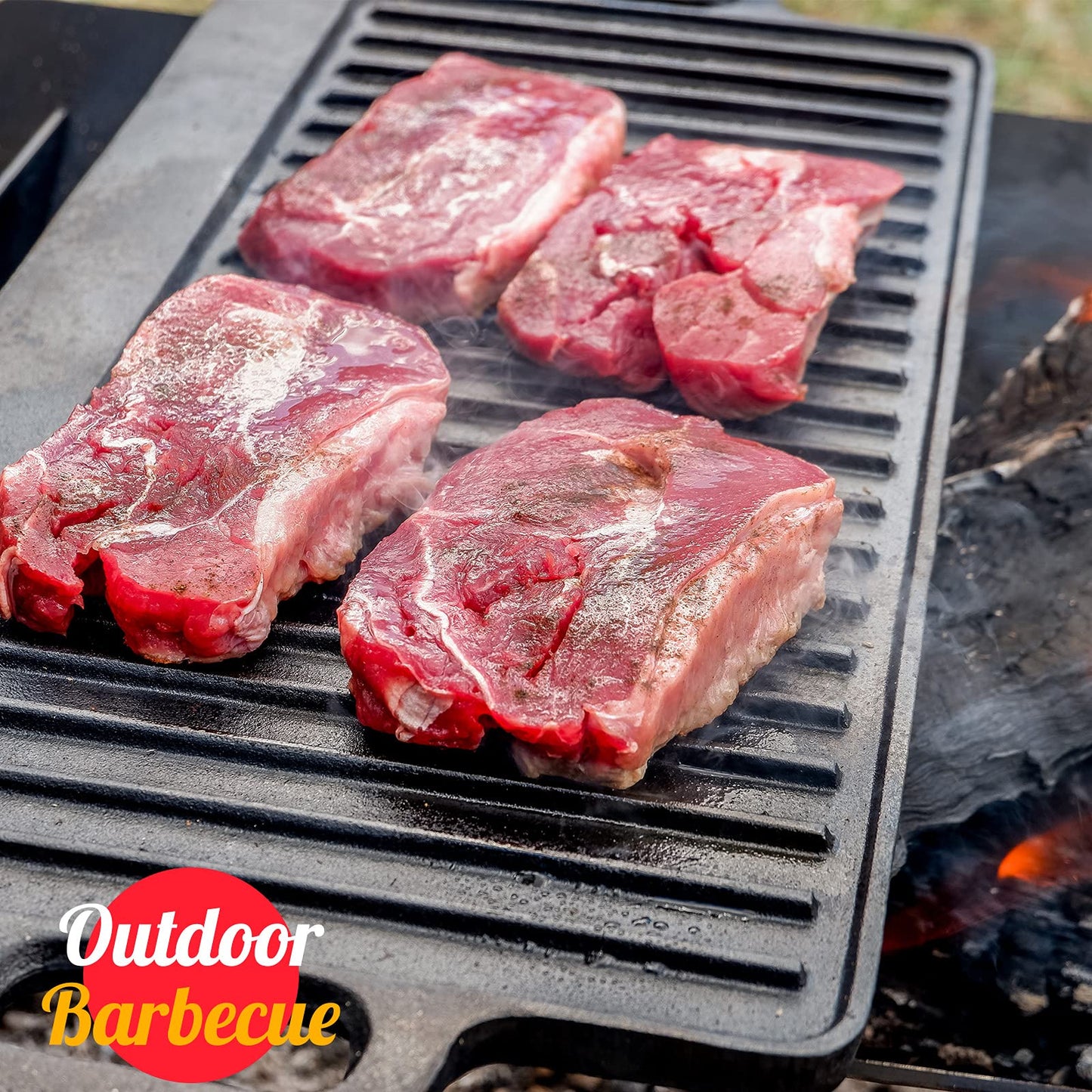 Overmont Reversible Grill Pan Cast Iron Pan 17x9.8 Pre-Seasoned Skillet with Handles for Stovetop Open Fire Oven, Scrapers Included