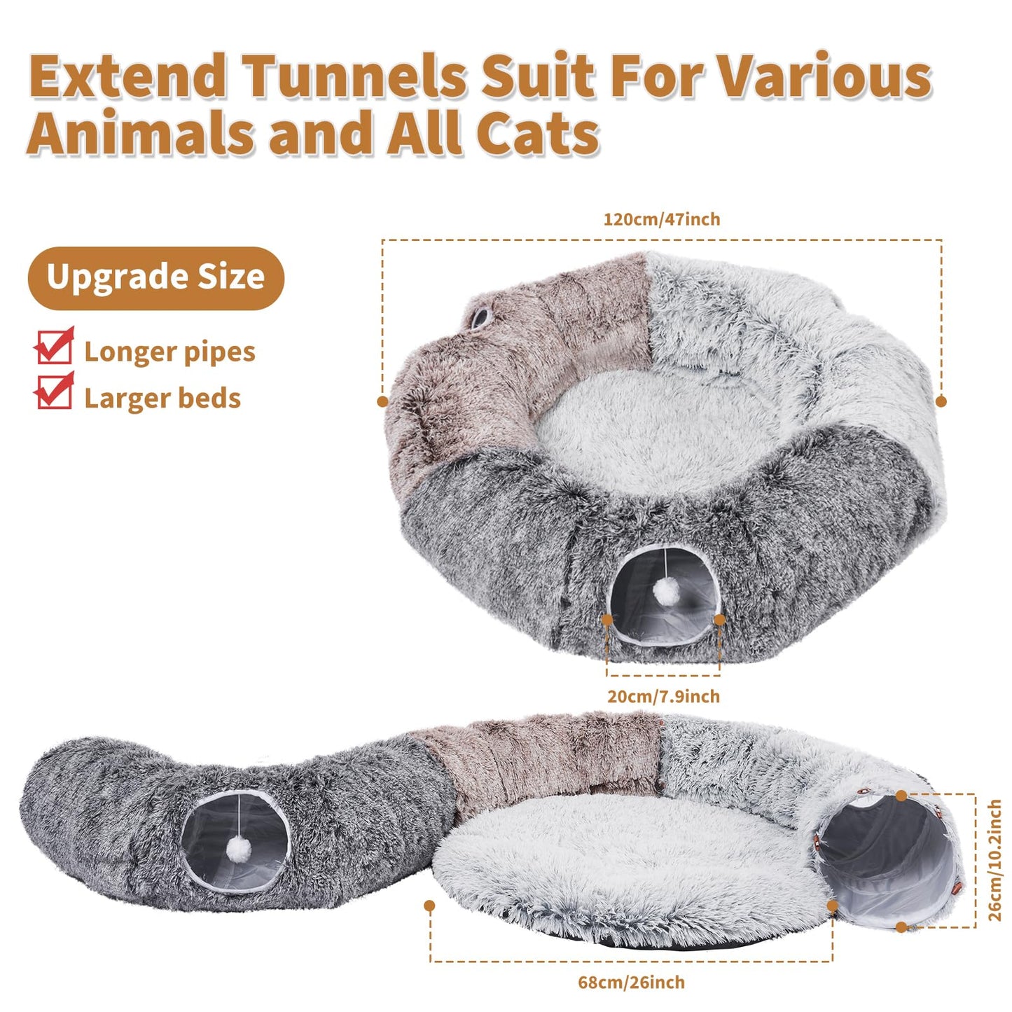 Odoland Extra Large Cat Tunnels for Indoor Cats, Fluffy Cat Bed and Collapsible Donut Cat Tube with 20pcs Cat Toys for Chewing Playing