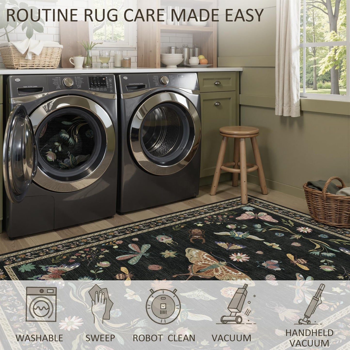 Dadasgk Black Boho Washable 2x6 Runner Rugs for Hallway Kitchen Bedroom Beside Laundry Room Bathroom Rug, Non Slip Low Pile Stain Resistant Soft Floral Nature Insect Fantasy Whimsical Indoor Decor