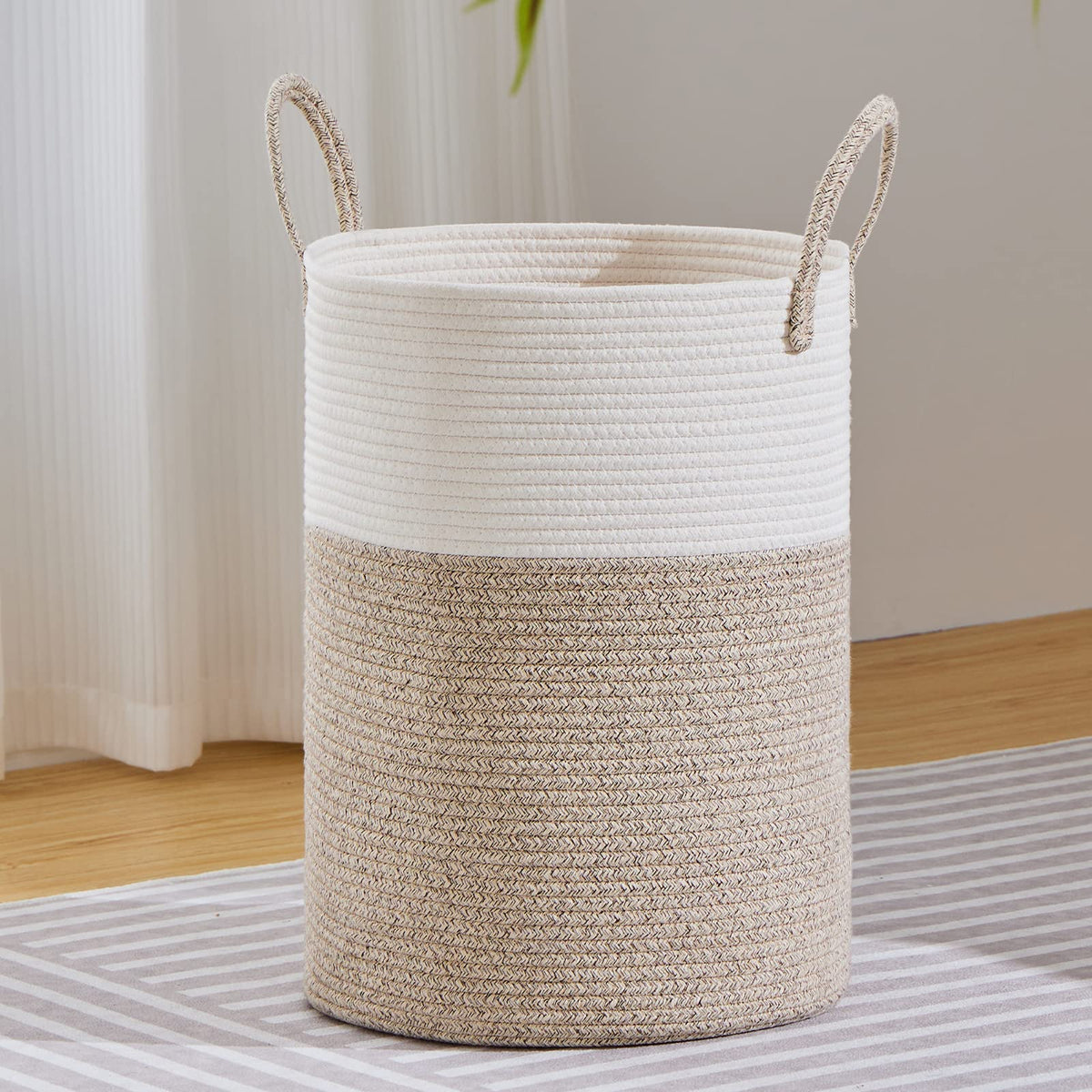 VIPOSCO 58L Tall Laundry Hamper, Woven Basket for Living Room, White Brown