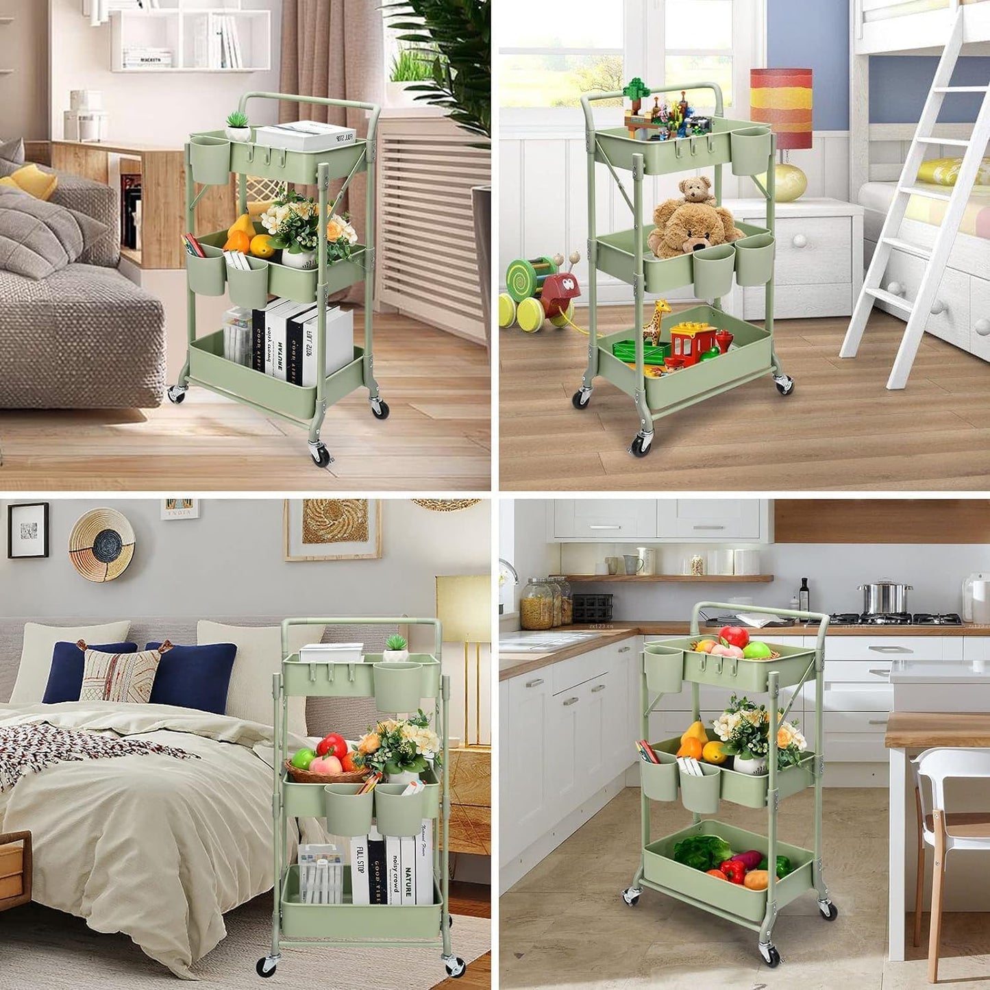 johgee Foldable 3 Tier Rolling Cart, Folding Metal Utility Cart, Mobile Multi-Function Storage Trolley Organizer Cart for Home Library Office(Green)
