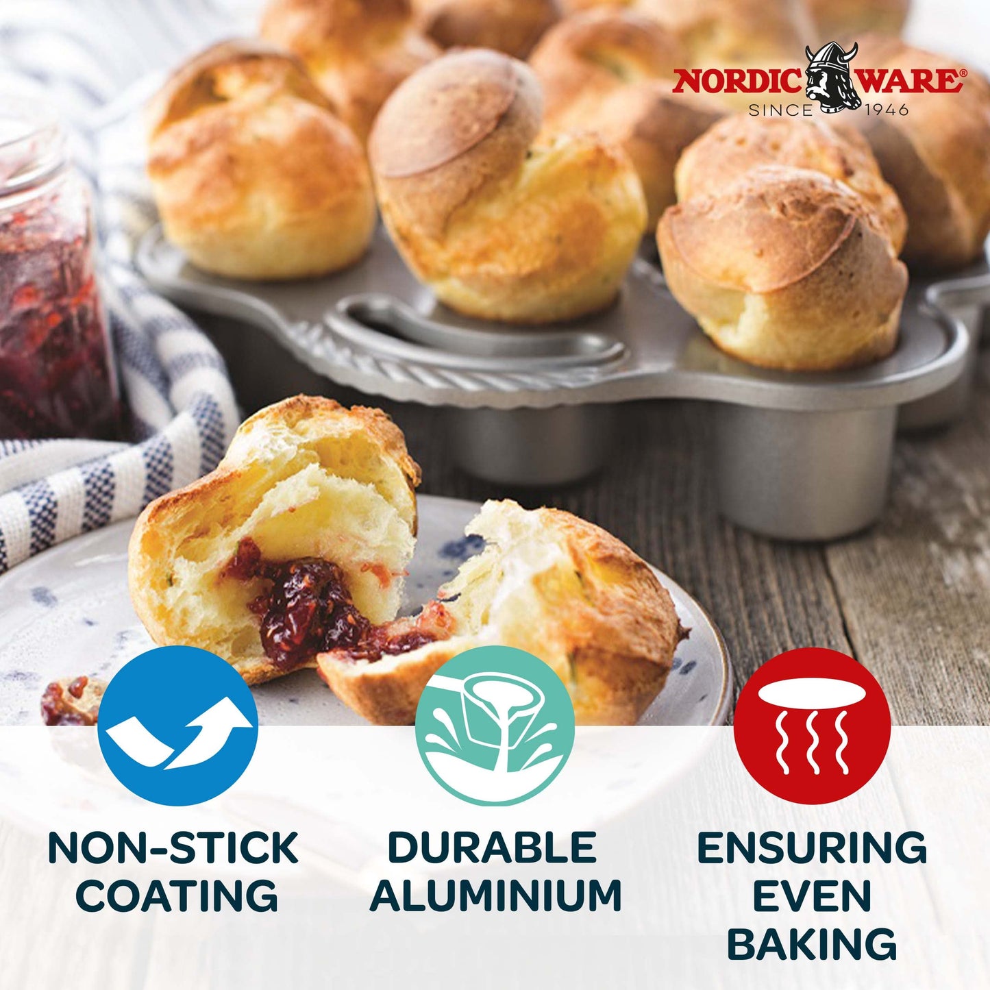Nordic Ware Cast Aluminum Petite Popover Pan 1/4 Cup Each, 12 Cavity, Silver/Gray