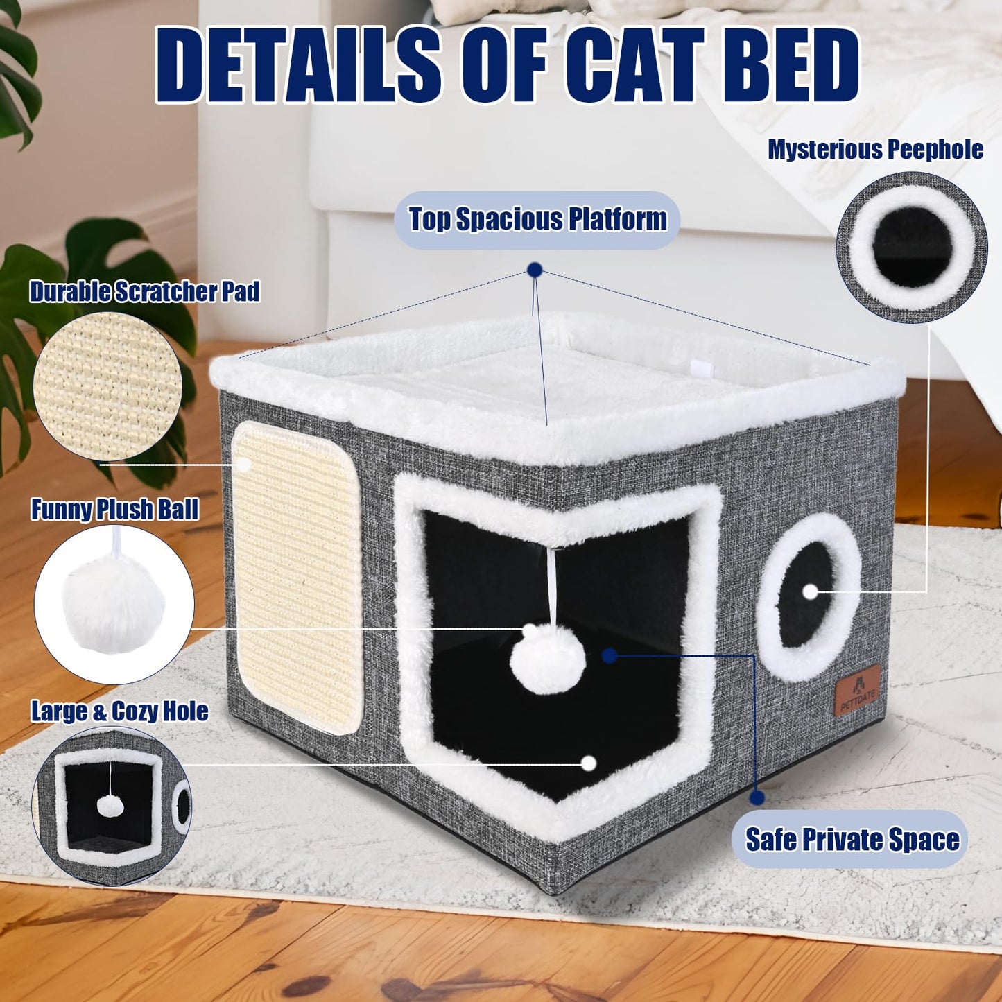 Cat House for Indoor Cats, Foldable Cat Bed with Scratch Pad and Fluffy Ball, Large Cat Cave 2 in1 Cat Hideaway with Reversible Cushion for Multi Small Pet, Grey