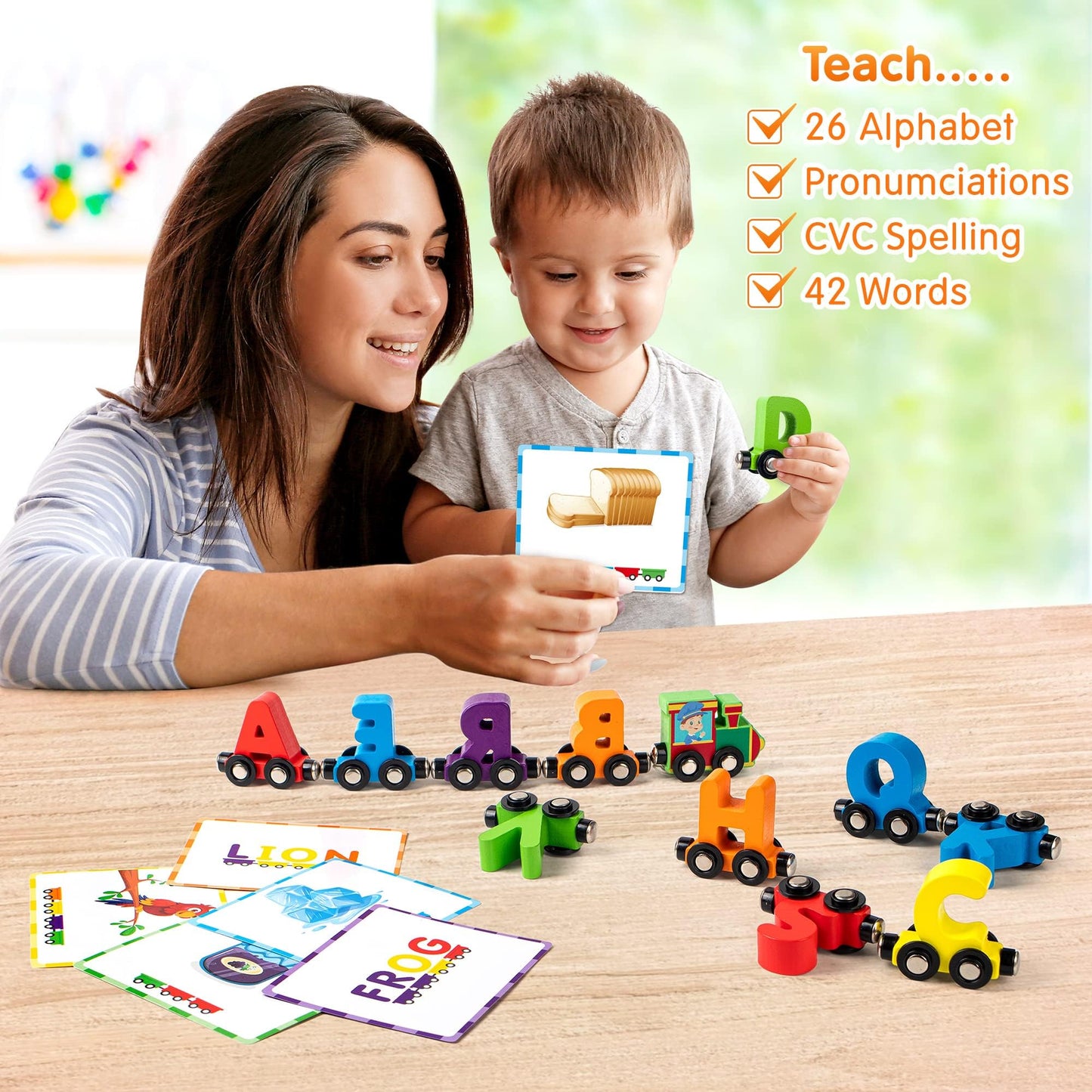 Vanmor 27 Pcs Magnetic Wooden Alphabet Train Set, ABC Learning Toy with 42 Flash Cards & Storage Bag, Fun Educational Toy for Kids Ages 3-7, Interactive Early Development Gift for Boys & Girls