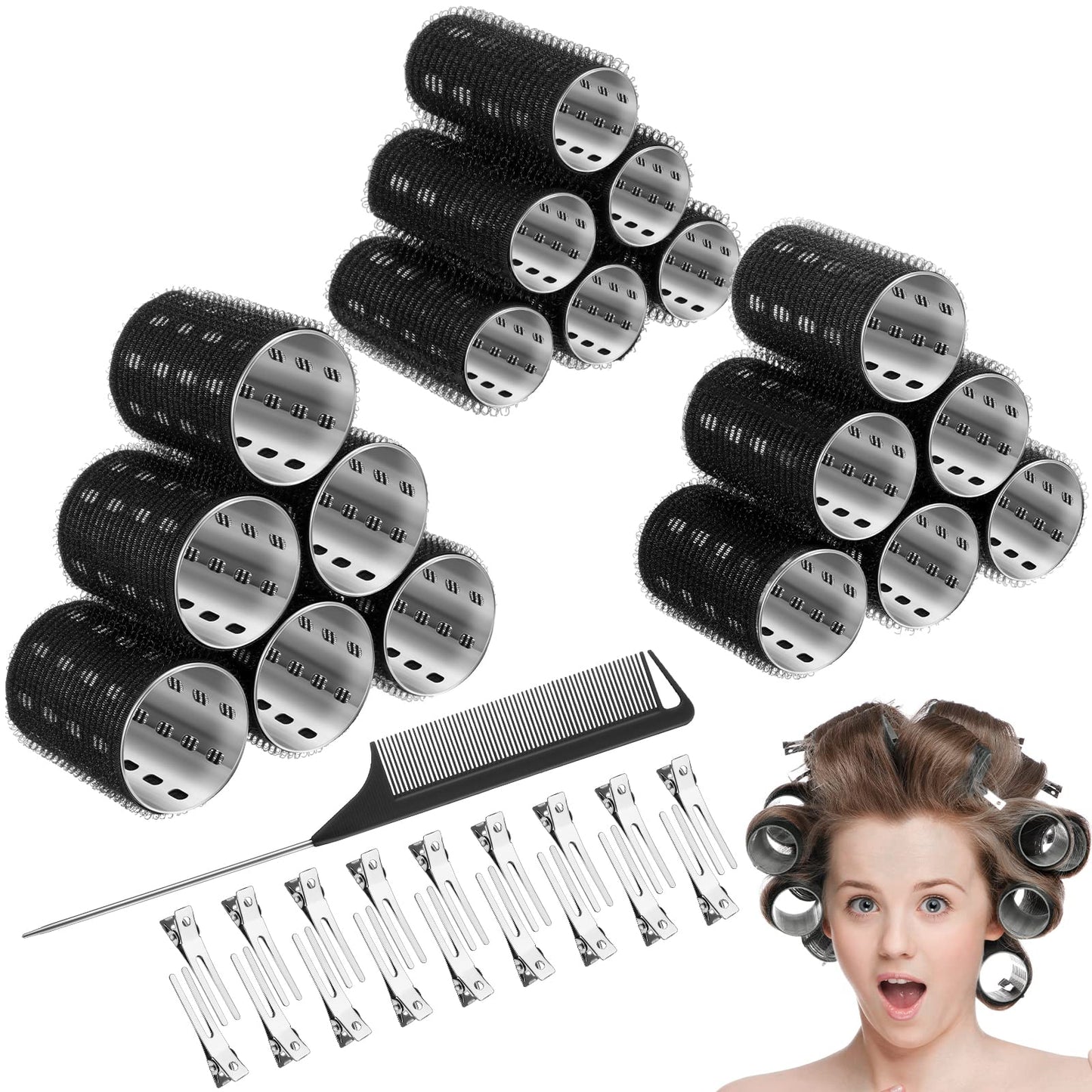 37 Pcs Aluminum Thermal Hair Rollers Set 3 Sizes Self Grip Hair Rollers 18 Pcs Duckbill Clips, Comb Hairdressing Styling Tool for Women, Men(0.98'', 1.42'', 1.8'',Black)
