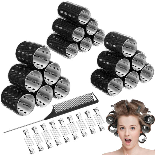 37 Pcs Aluminum Thermal Hair Rollers Set 3 Sizes Self Grip Hair Rollers 18 Pcs Duckbill Clips, Comb Hairdressing Styling Tool for Women, Men(0.98'', 1.42'', 1.8'',Black)