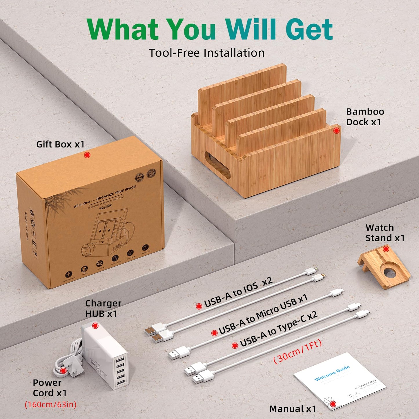 Bamboo Charging Station for Multiple Devices with 5 Port USB Charger, 5 Charger Cables,Watch and Earbud Stand; Pezin & Hulin Desk Wood Docking Stations Electronic Organizer
