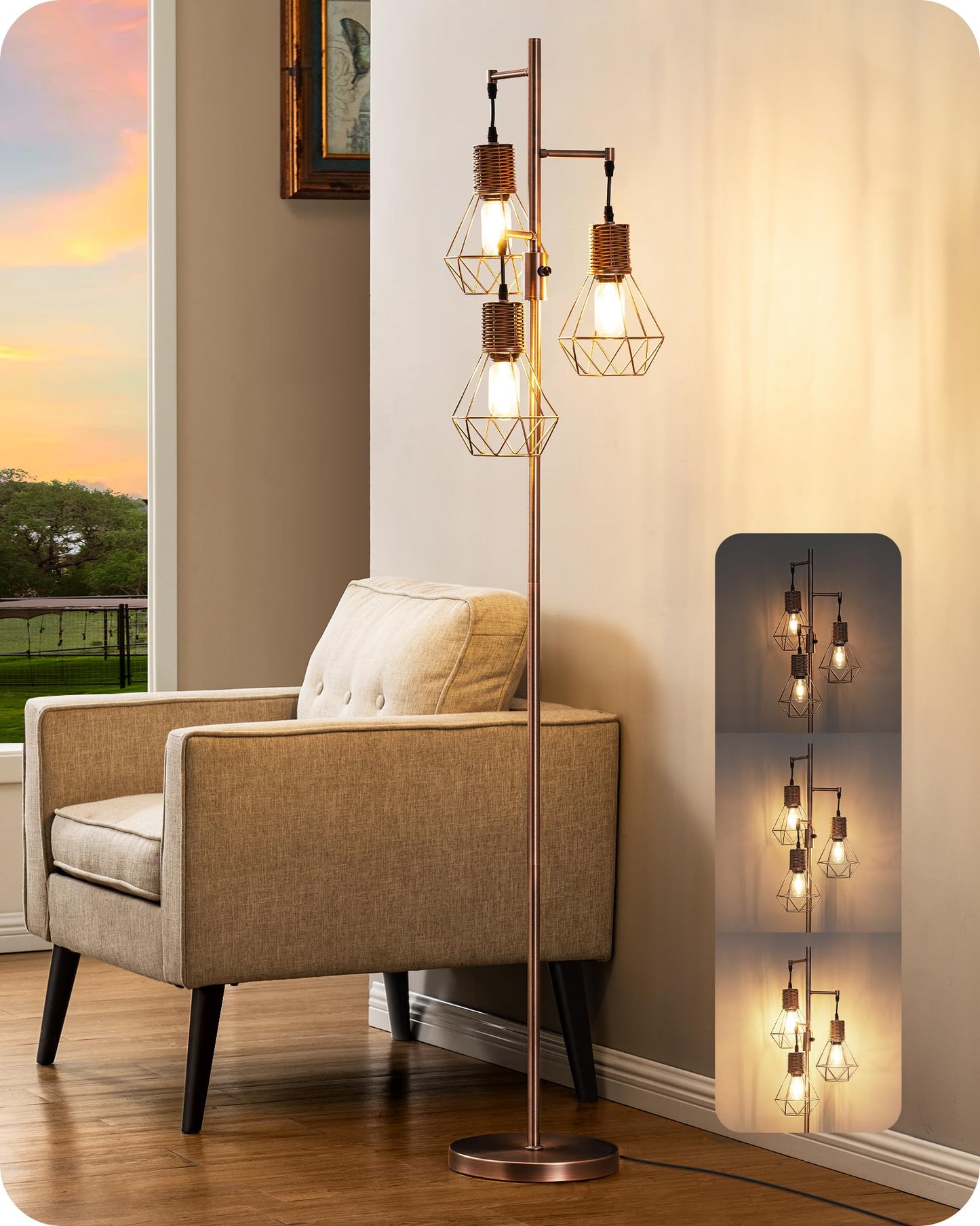 EDISHINE Farmhouse Floor Lamp Dimmable, Industrial Standing Lamp for Living Room, Diamond-Shaped Cage, Corner Rustic Rattan Tall Tree Reading Lamp Home Decor, Electroplated Brushed Red Copper