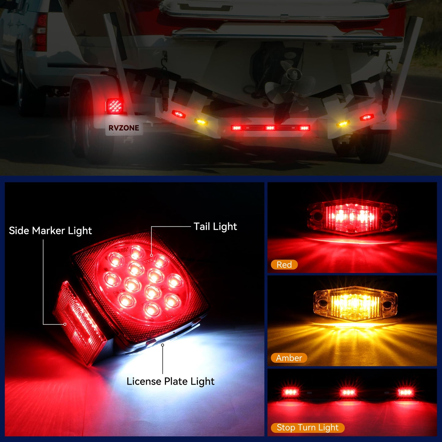 RVZONE Trailer Lights LED Kit, 12V Submersible Boat Trailer Lights Utility Led Lighting with License Plate Lights, Marker Brake Lights, Wiring Harness, for Trailer Boat Truck RV