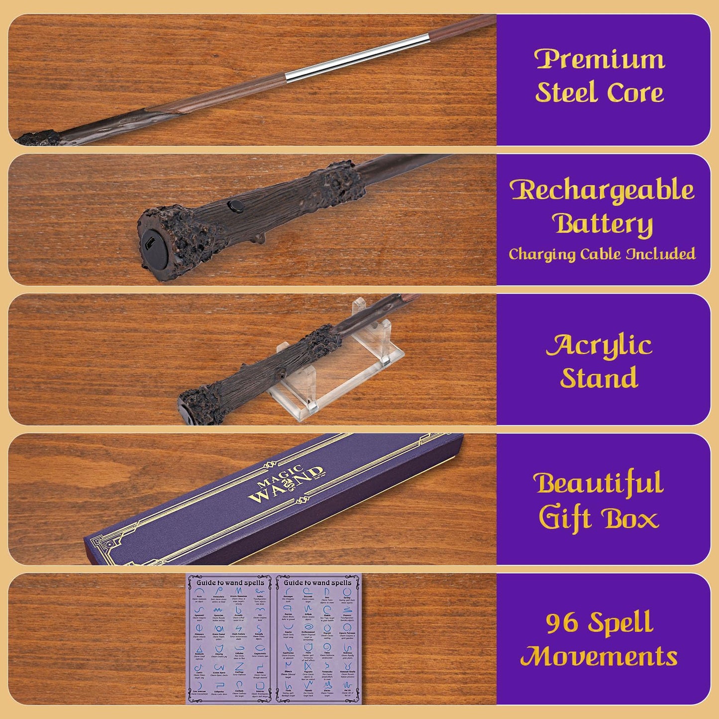 EnrichFun Light Up Wizard Magic Wand Rechargeable Illuminating Witch Wands for Kids Collection Cosplay Halloween, with Acrylic Stand, (Brave)