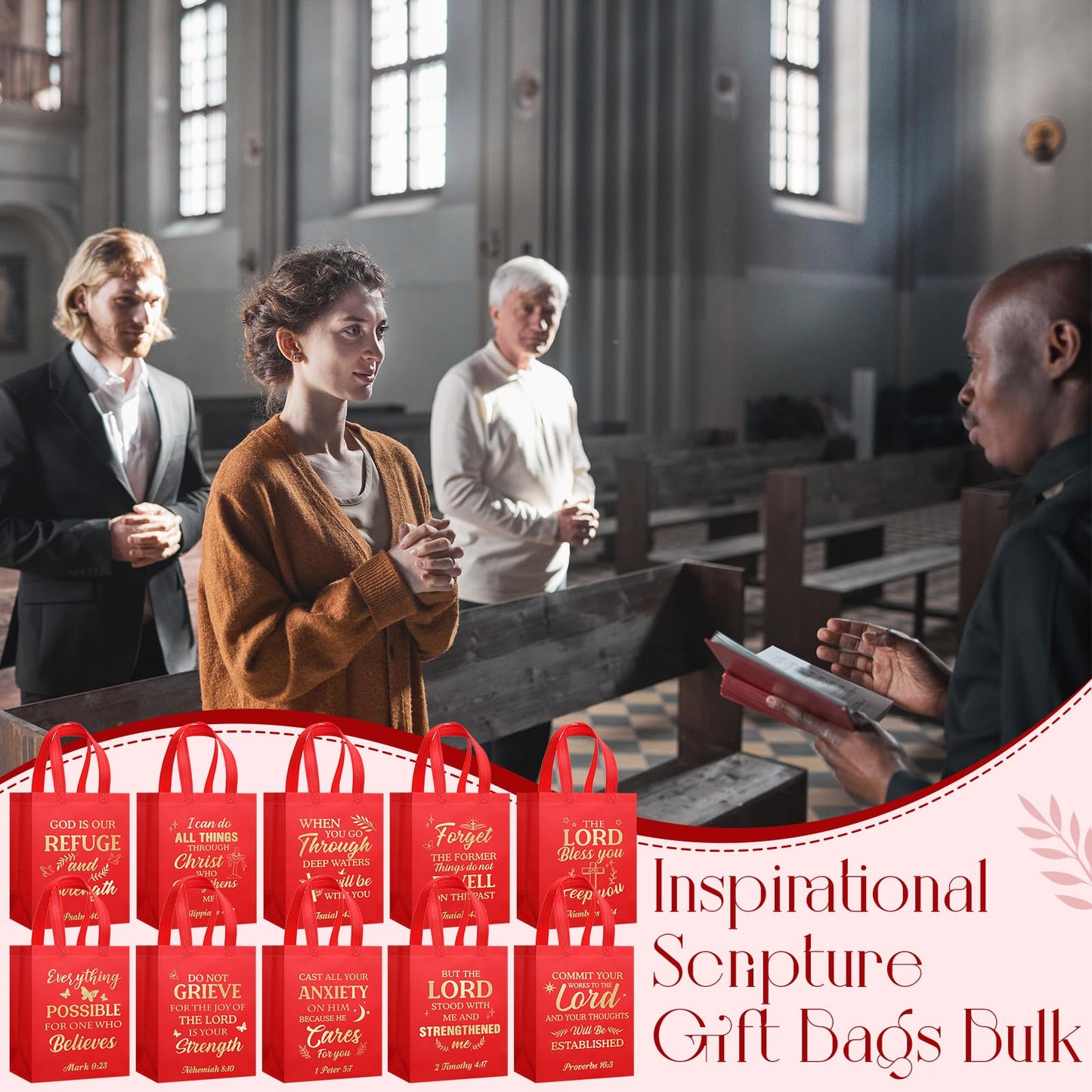 Talltalk 50 Pcs Christian Gift Bag Bulk Reusable Bible Verse Tote Religious Welcome Visitors Church Bags with Scriptures Clergy Pastor Gift for Sunday School Party Favors Christmas(Red,Medium)