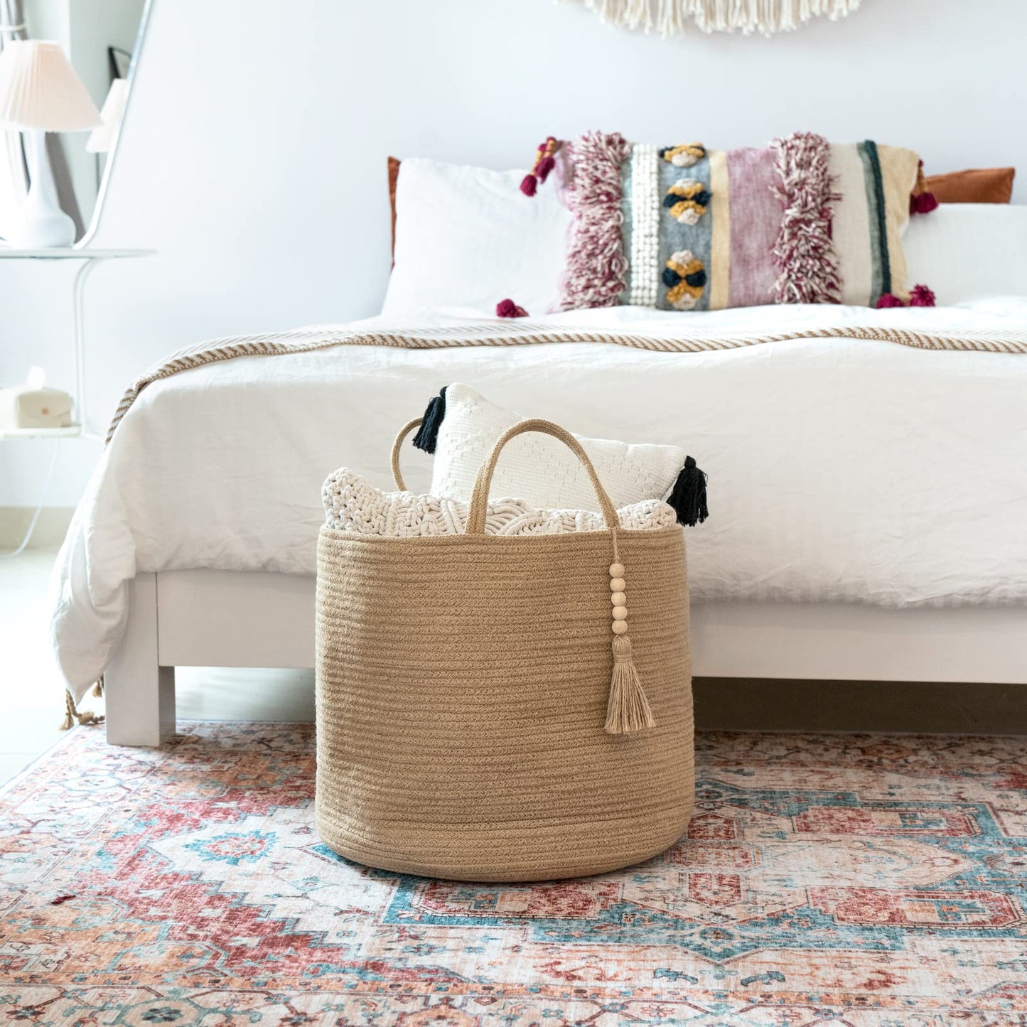 Mkono Woven Storage Basket Decorative Natural Rope Basket Wooden Bead Decoration for Blankets,Toys,Clothes,Shoes,Plant Organizer Bin with Handles Living Room Home Decor, Jute, 16" W × 13.8" L