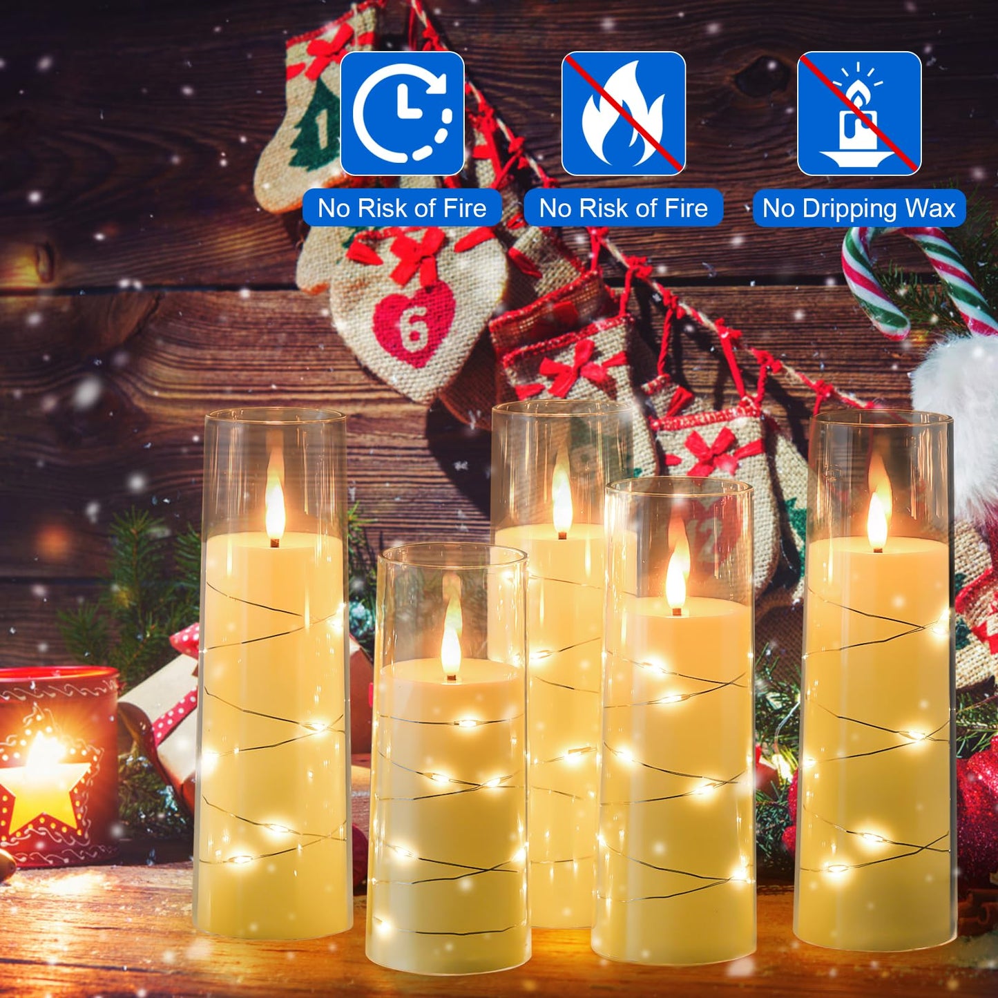 Liomus Flickering Flameless Candles, LED Pillar Canldes with String Light,Battery Operated Remote Control Timer Flameless Candles for Wedding Christmas Home Decor Set of 7 (D2.3in*H5 6 7in) (Ivory)