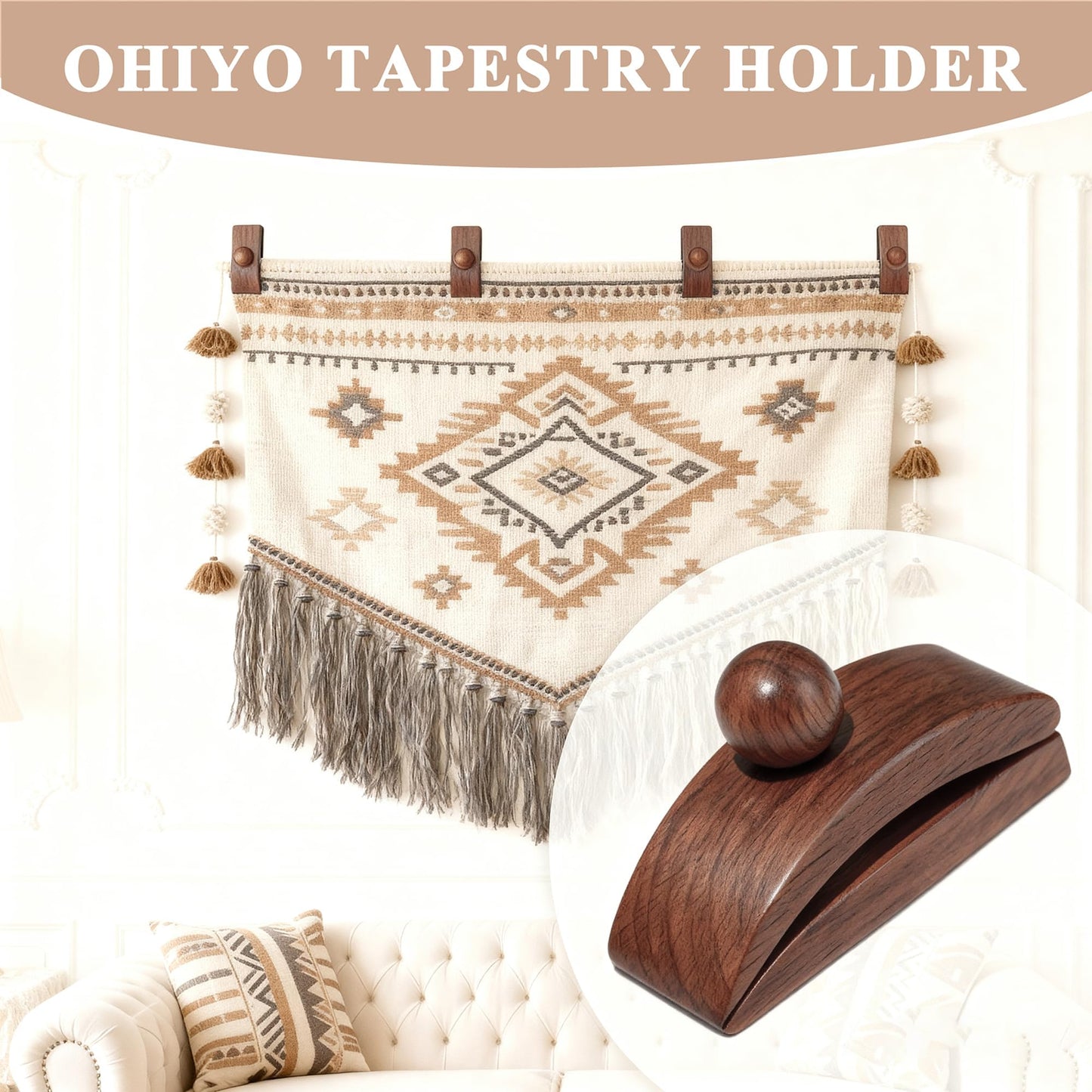 OHIYO Solid Walnut Wood Tapestry Wall Hangers 4 Pack Quilt Hangers, Blanket Hanger Clamps for Display, Wooden Wall Clips for Hanging Rug