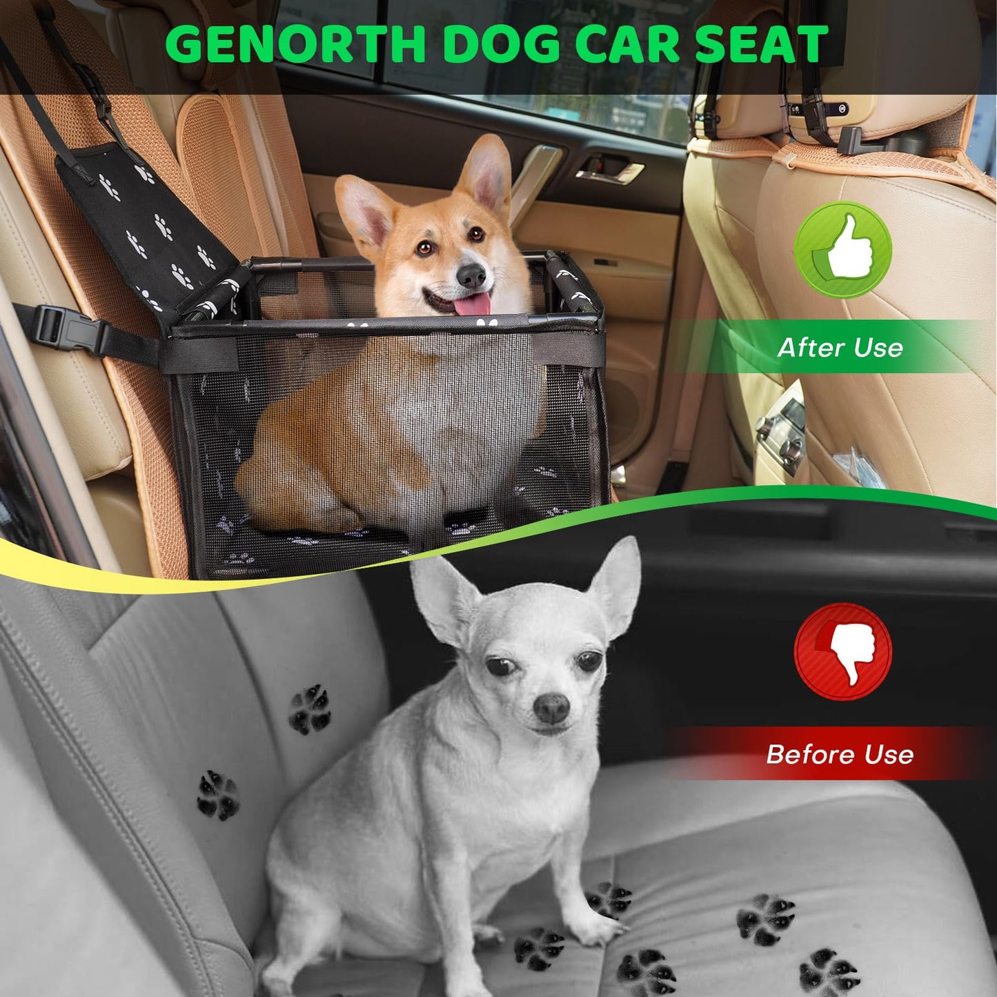 GENORTH Small Dog Car Seat Upgrade Deluxe Washable Portable Pet Car Booster Seat Travel Carrier Cage with Clip-On Safety Leash,Perfect for Small Pets