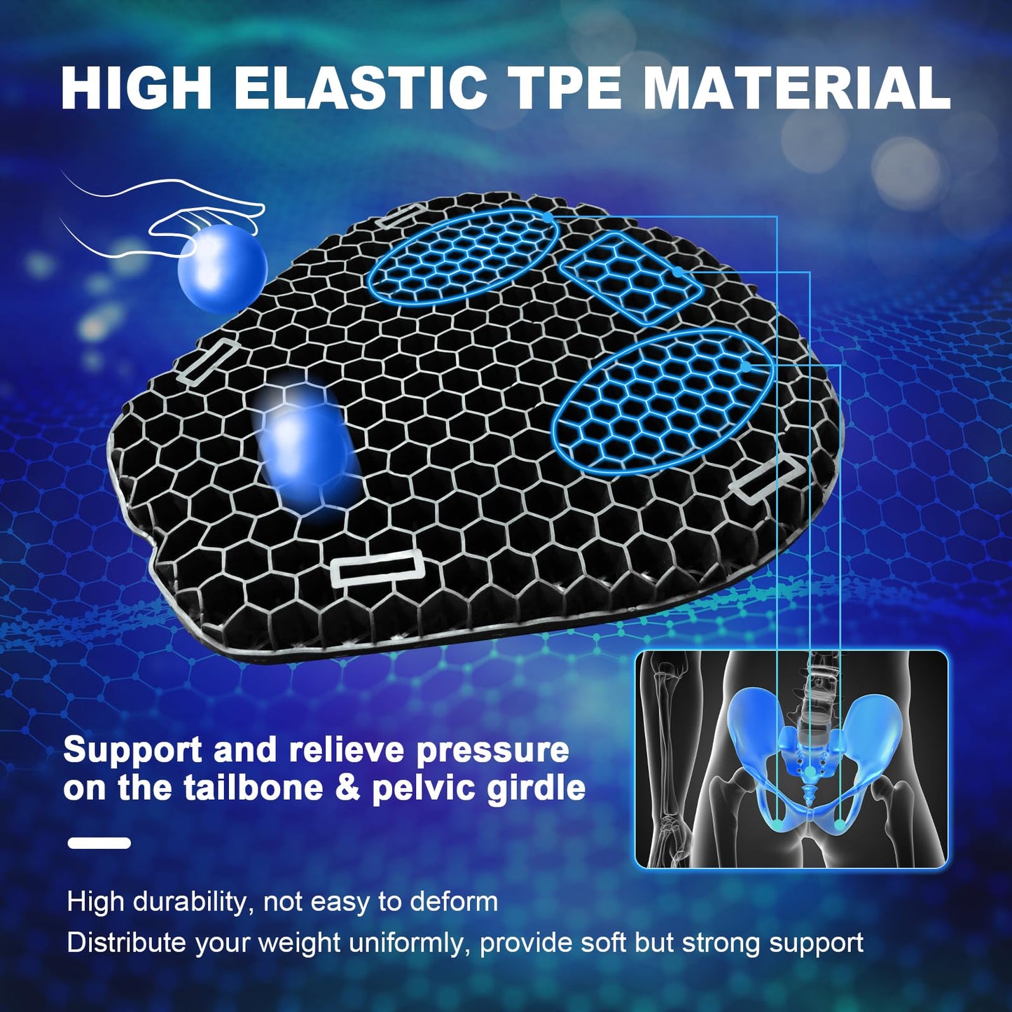 Motorcycle 3D Honeycomb Shock-Absorbing seat Cushion & Cushion Cover, Hollow and Breathable, Hel Material is Compressive, Non-Breaking, Non-Hardening, Soft and Comfortable