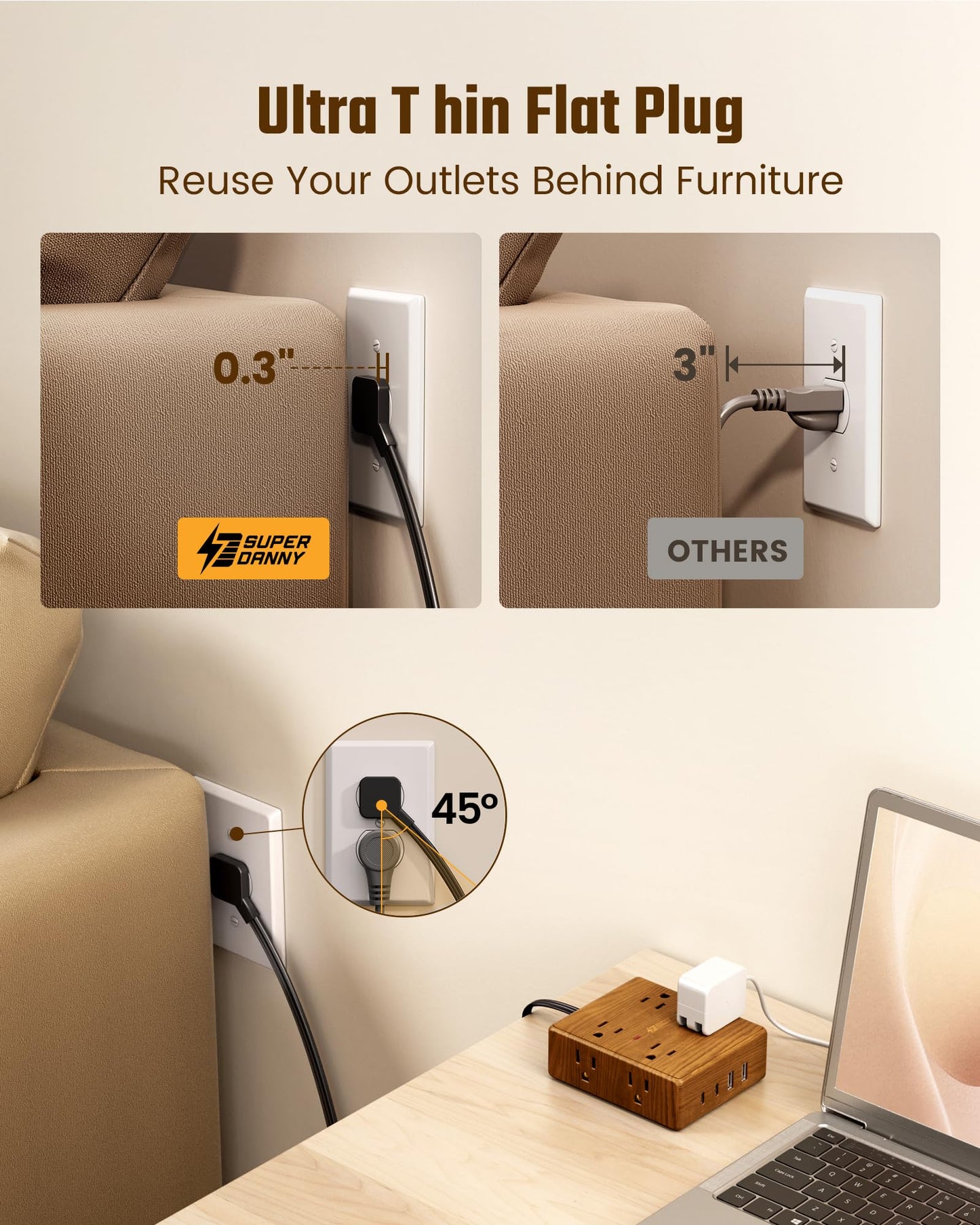 Brown Extension Cord 10Ft, Flat Plug Power Bar Surge Protector, 8 Outlets & 4 USB Ports (2 USB C), Desktop Charging Station Hidden Behind Furniture, Decorative Office Desk Accessories (Wood Grain)