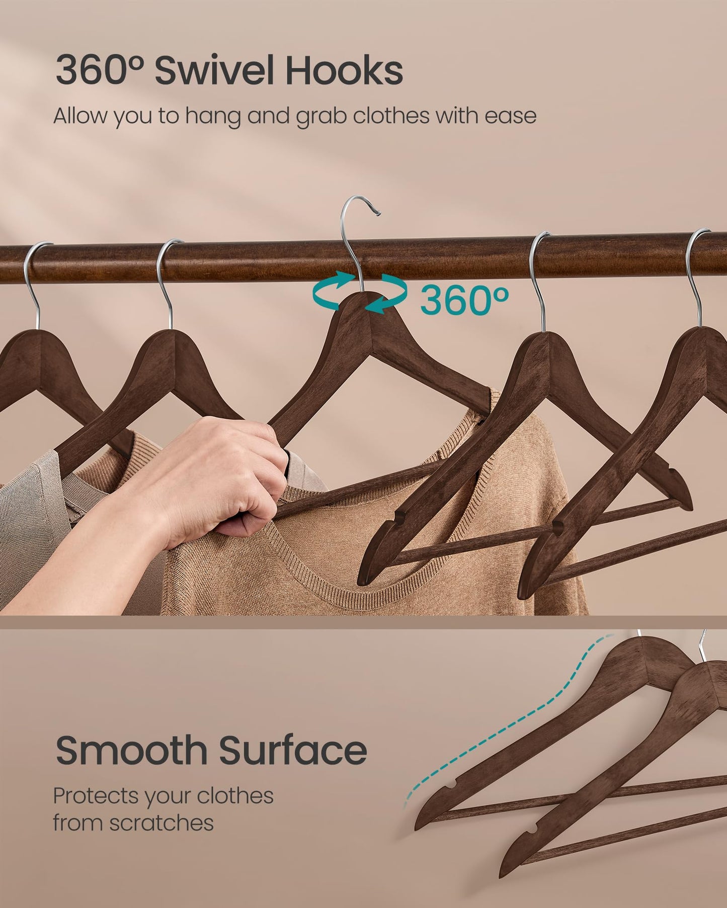 SONGMICS Wooden Hangers, Coat Hangers, Pants Bar, 360° Swivel Hooks, Solid Birch Wood, Space-Saving, for Jackets, Shirts, Coats, Pack of 30, Walnut Brown UCRW030K02