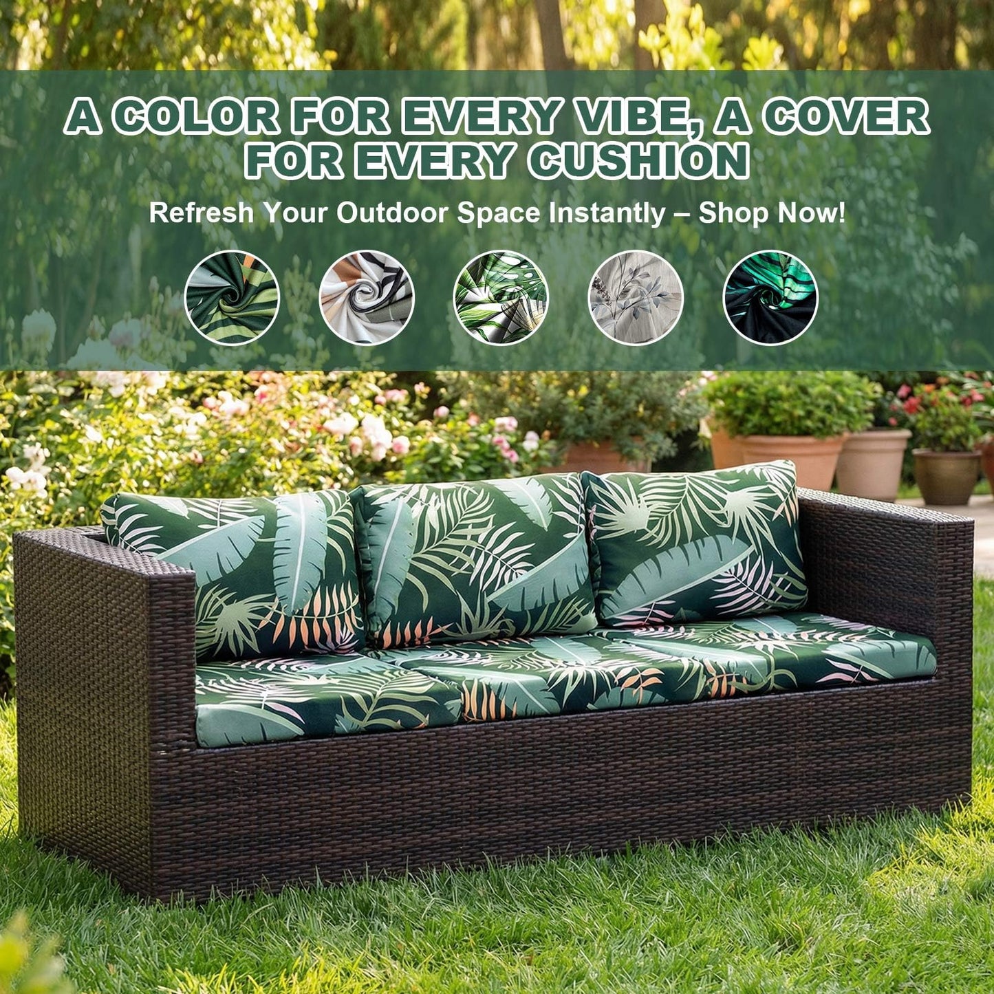 8PCS Outdoor Couch Covers, Patio Sofa Cushion Covers-Stretch Print Slipcovers, Washable Sofa Chair Seat Cushions Slipcovers for Indoor & Outdoor Furniture (8, Green Forest)