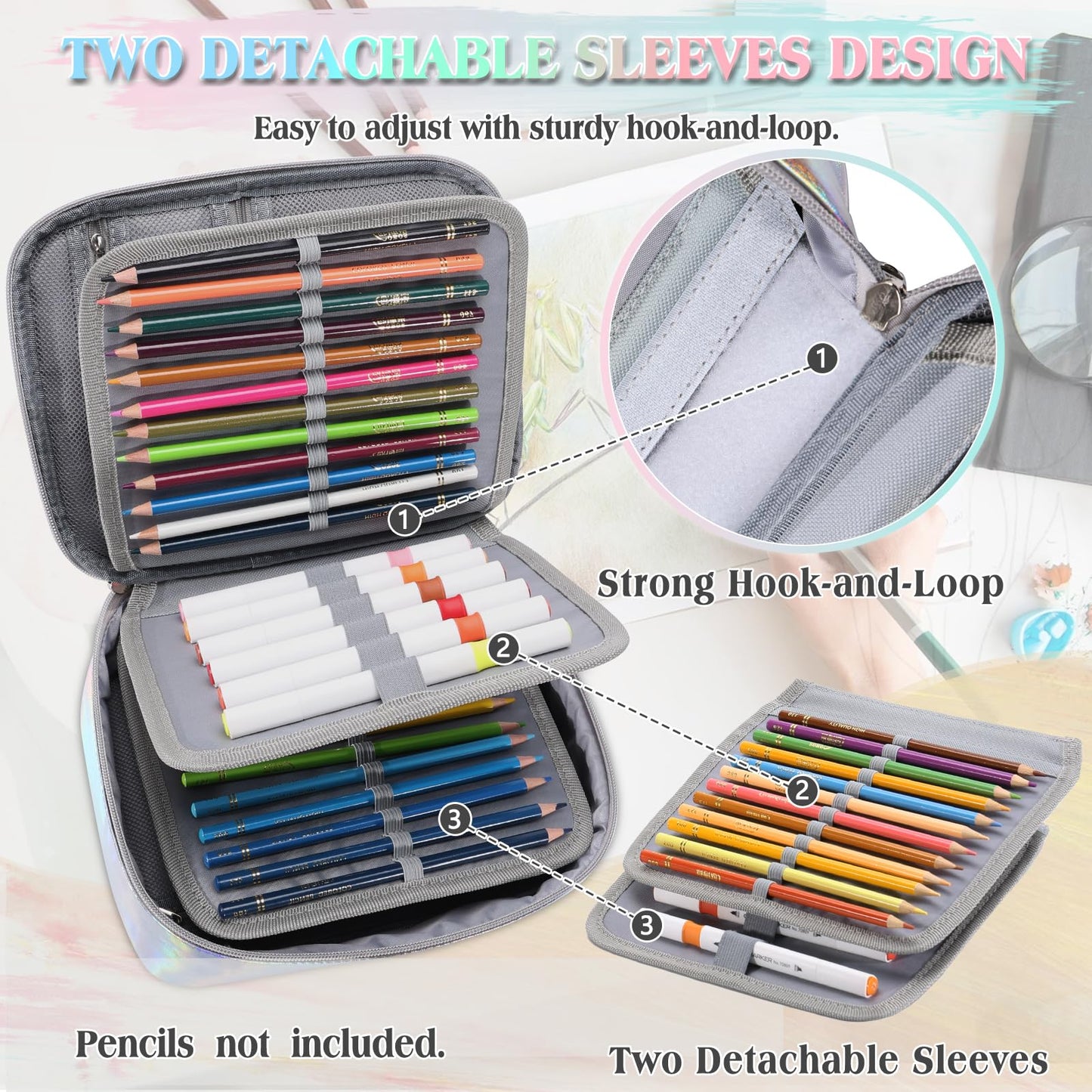 Pencil Case, VONXURY Large Capacity Pencil Pouch Holder Portable Pen Organizer with 2 Detachable Layers 54 Slots Multiple Zipper Bag for School Office College