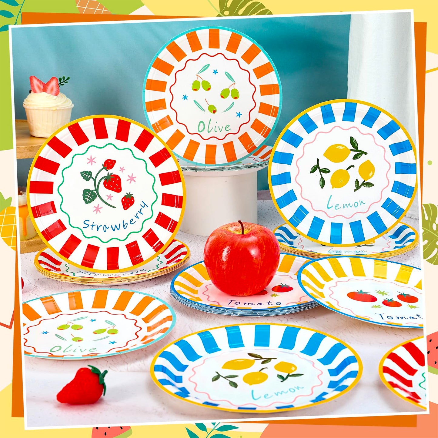 AnyDesign 40Pcs Italian Summer Paper Plates Party Plates 9 Inch Cute Fruit Striped Disposable Dinner Dessert Plate for Birthday Baby Shower Party Supplies
