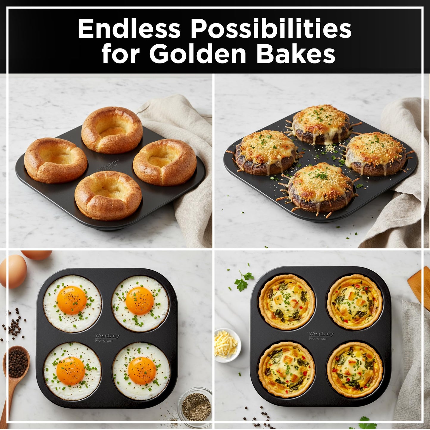 Wrenbury Yorkshire Pudding Tray 4 Cup Twin Pack | Robust Non Stick Yorkshire Pudding Pan Tin – 10 Year Quality Guarantee Baking Tray Christmas Yorkshire Puddings (Set of 2)