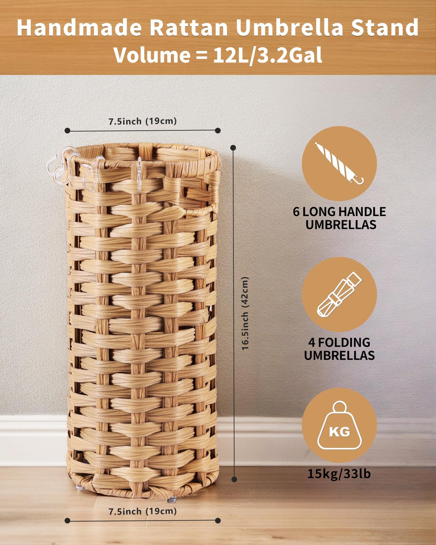 WAOHANAZ Rattan Umbrella Stand, Umbrella Holder for Entryway, Hand Woven Umbrella Rack Organizer Freestanding, with a Detachable Drip Tray, 4 Hooks, 7.5" L x 7.5" W x 16.5" H