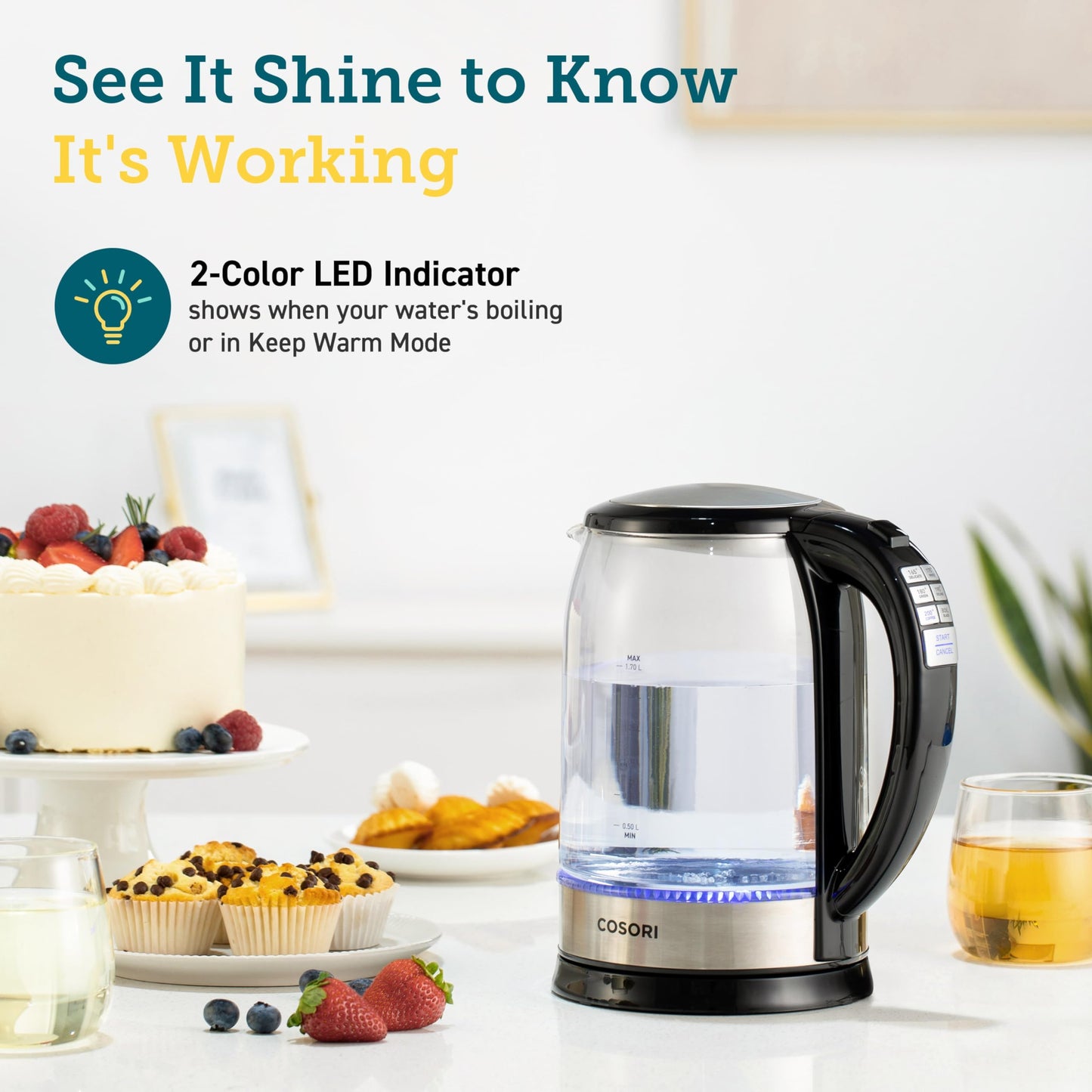 Cosori Electric Kettle Temperature Control with 6 Presets, 60min Keep Warm 1.7L Electric Tea Kettle & Hot Water Boiler, 304 Stainless Steel Filter, Auto-Off & Boil-Dry Protection, BPA Free, Black