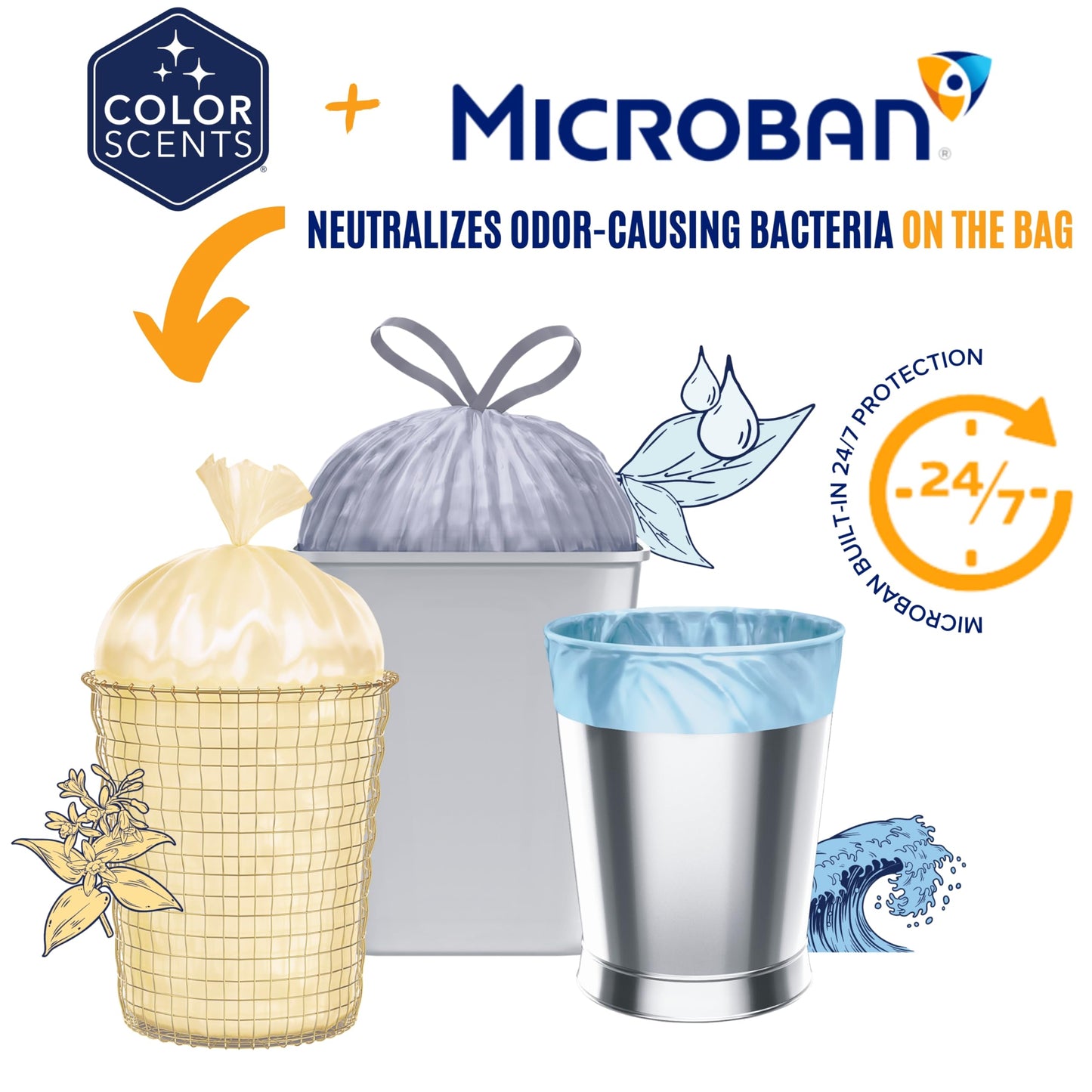 Color Scents Small Trash Bags - 4 Gallon, 720 Total Bags (12 Packs of 60 Count), Twist Tie (4 unique scent + color combinations) with Microban
