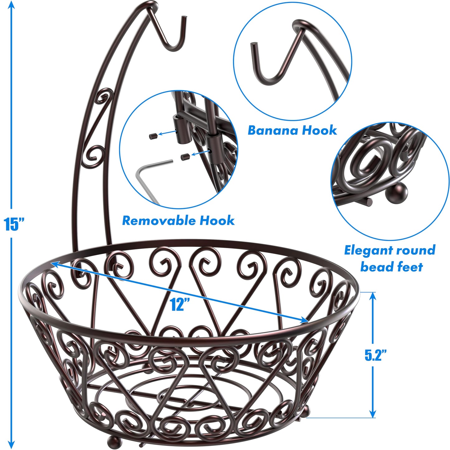Simple Houseware Fruit Basket Bowl with Banana Tree Hanger - Wire Produce Storage Stand & Organizer for Kitchen Counter, Bronze