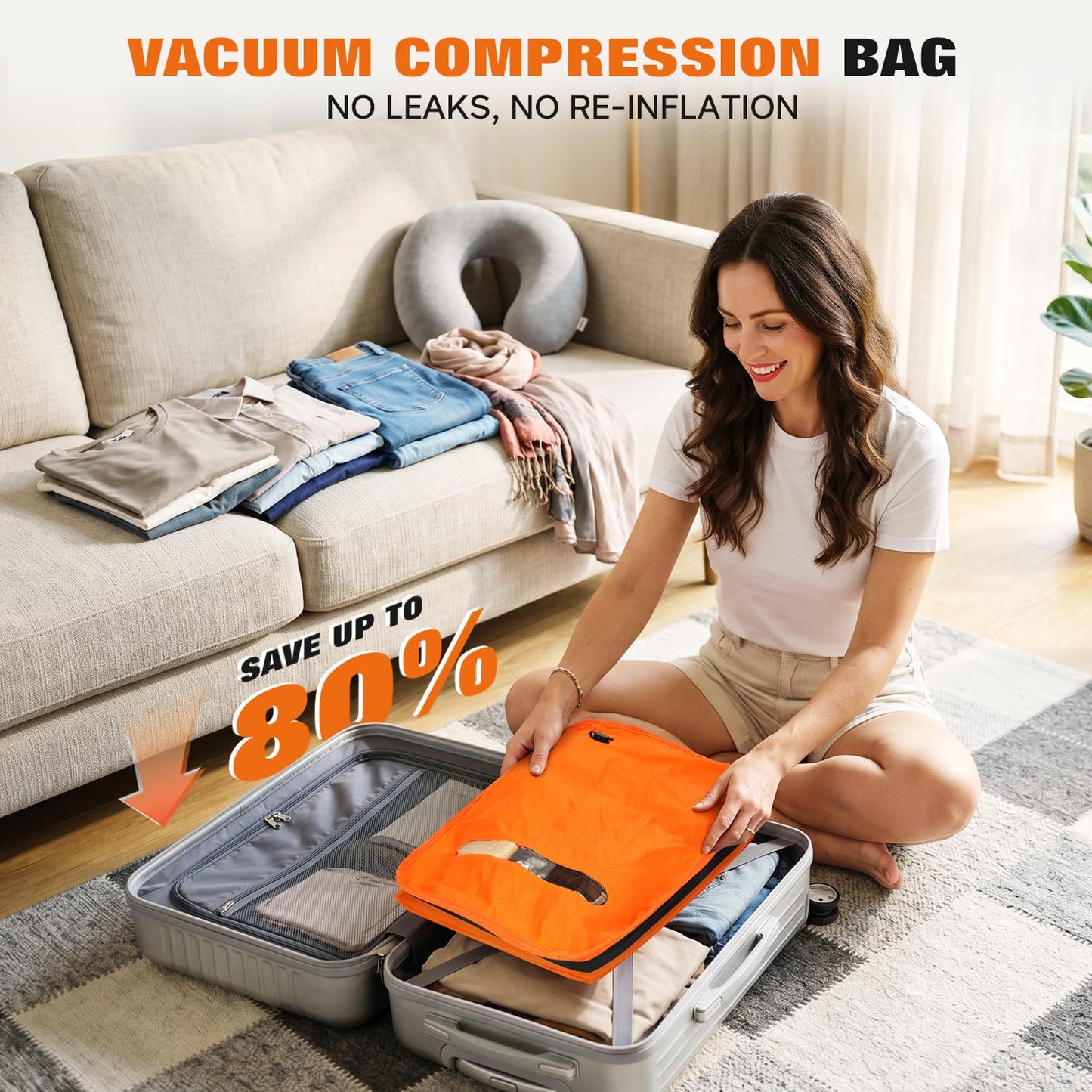 Vacuum Bags for Travel with Wired Pump, Travel Compression Bags for Clothes, 180° Open Zipper, Save 80% Space, IP68 Waterproof Space Saver Bags for Suitcase Backpack Home Storage (2 Pack + Pump)